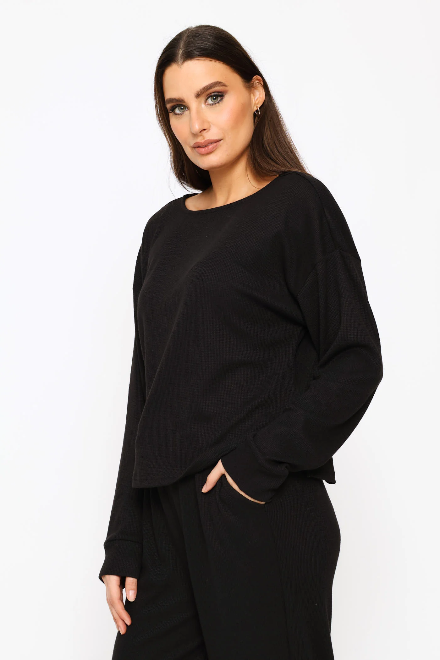 Long Sleeve Dolman Waffle Boxy Tee - Black - Image 2