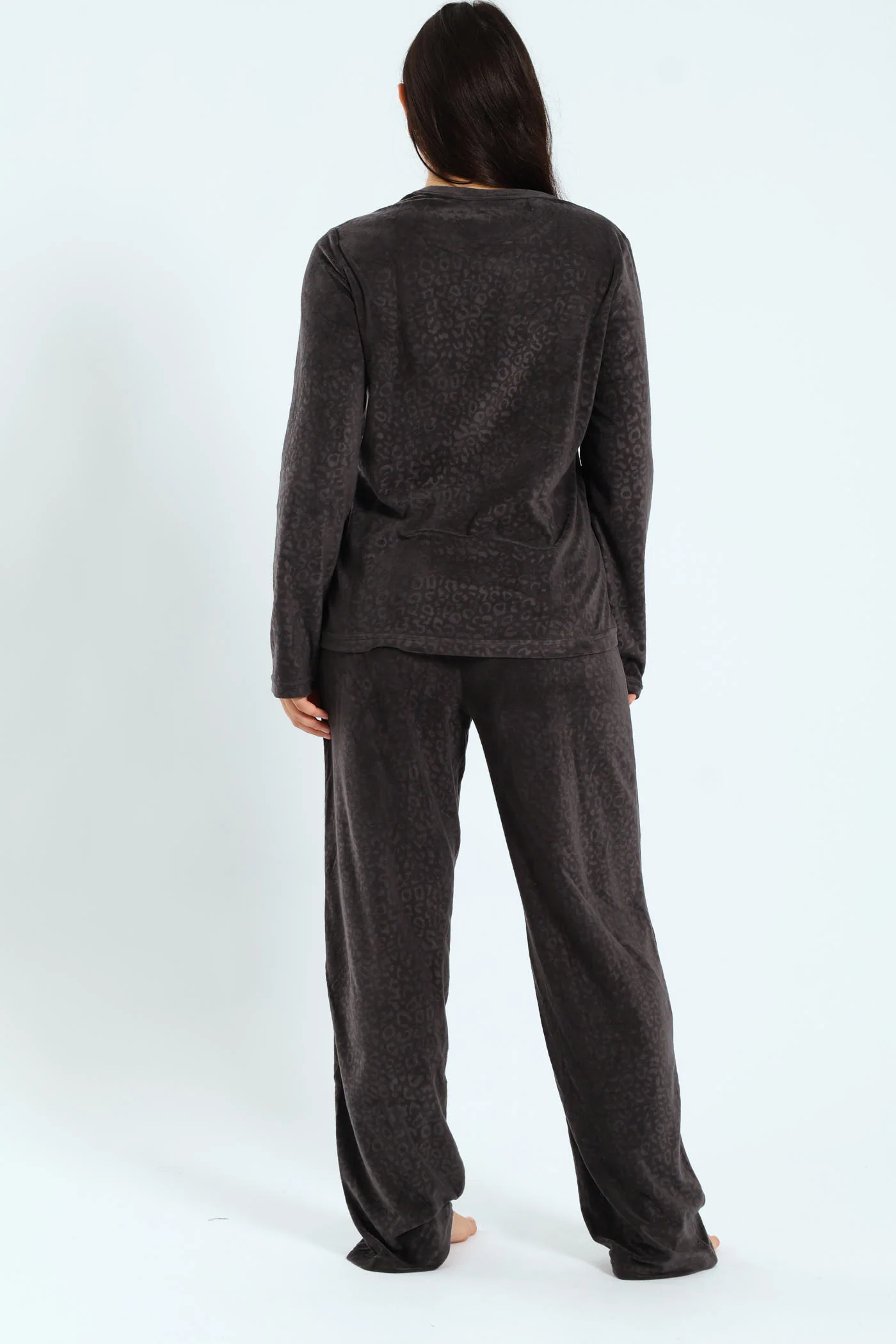 Long Sleeve Embossed Animal Print Top & Pants Set - Charcoal - Image 3