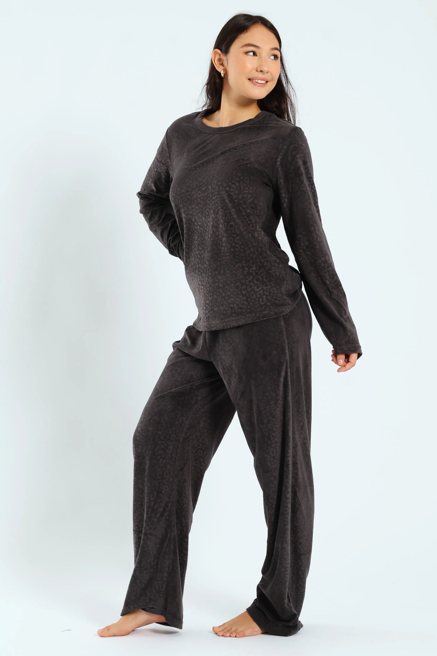 Long Sleeve Embossed Animal Print Top & Pants Set - Charcoal - Image 4