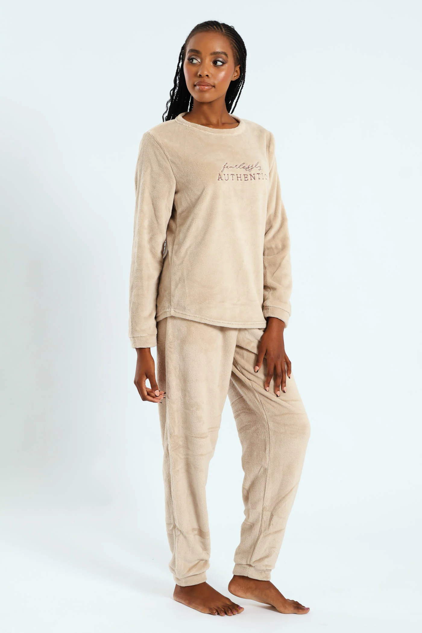 Long Sleeve Embroidered Authentic Cosy Sleep Set - Light Brown - Image 2