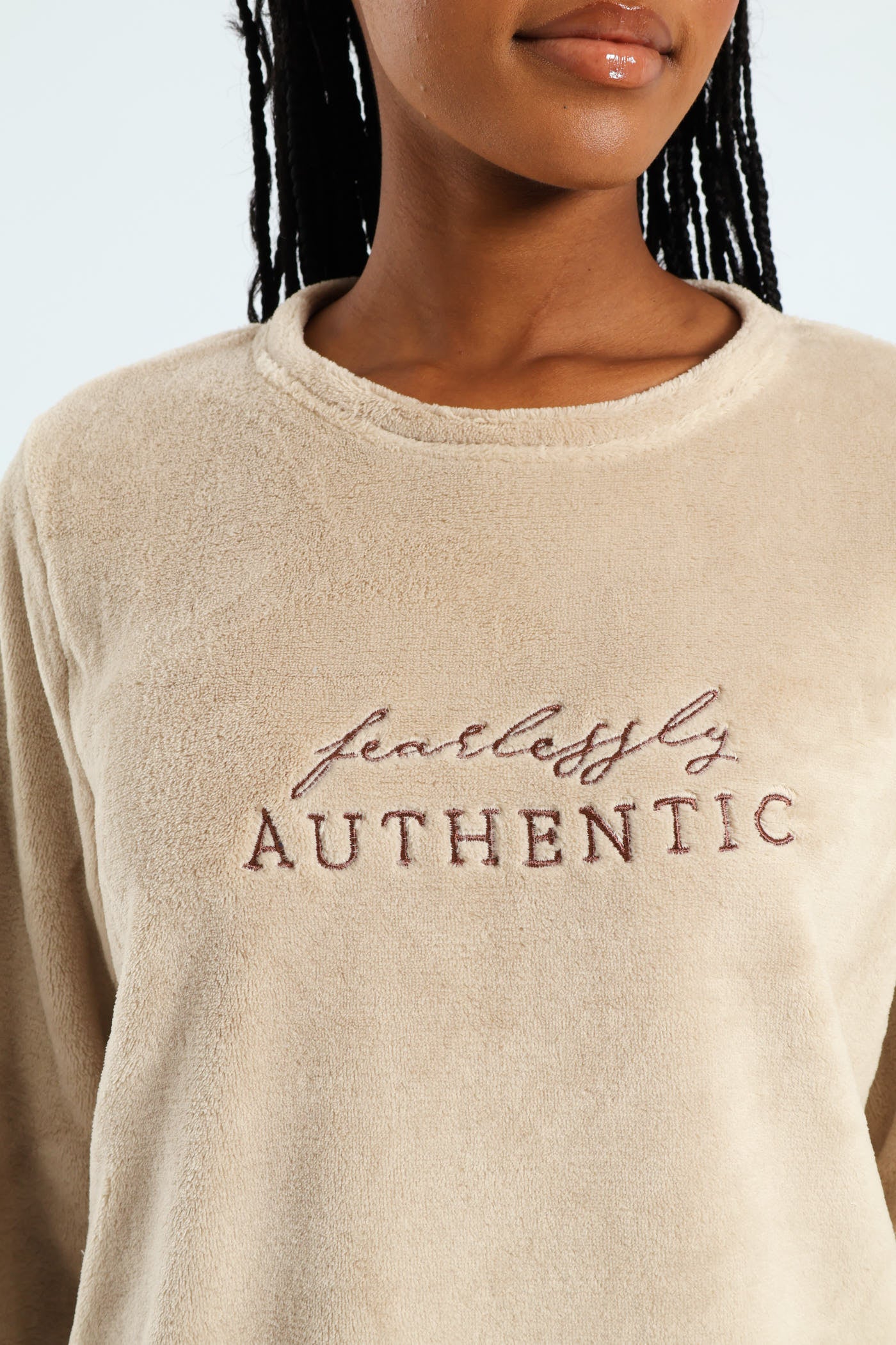 Long Sleeve Embroidered Authentic Cosy Sleep Set - Light Brown - Image 4