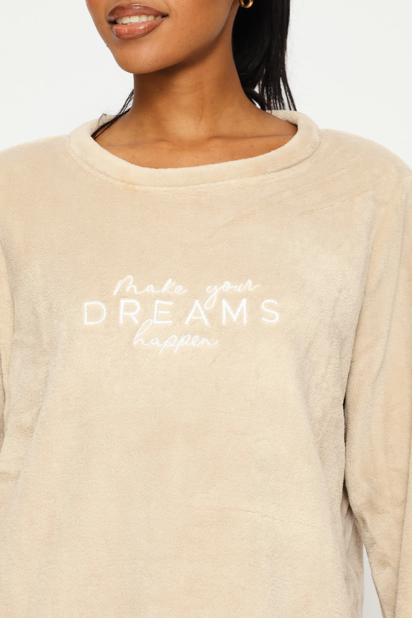 Long Sleeve Embroidered Dreams Cosy Top & Jogger Set - Stone - Image 2