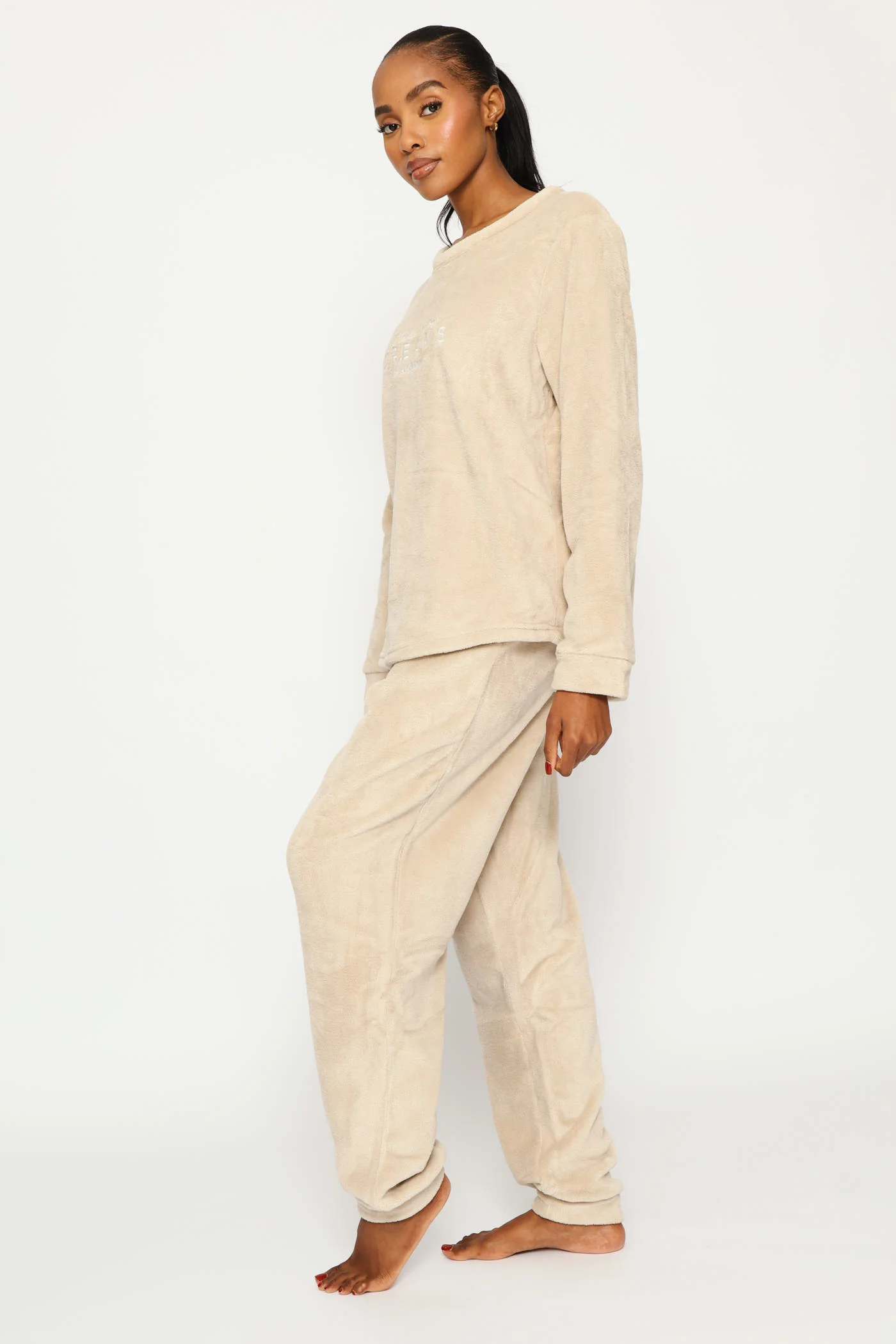Long Sleeve Embroidered Dreams Cosy Top & Jogger Set - Stone - Image 4