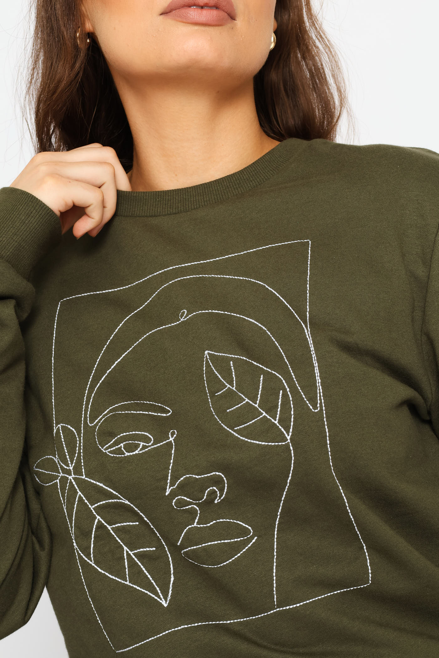 Long Sleeve Embroidered Face Outline Pullover - Dark Fatigue - Image 2