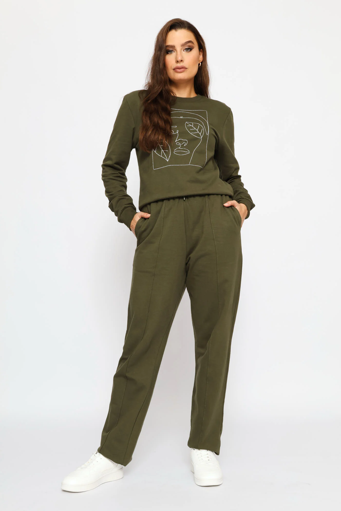 Long Sleeve Embroidered Face Outline Pullover - Dark Fatigue - Image 3