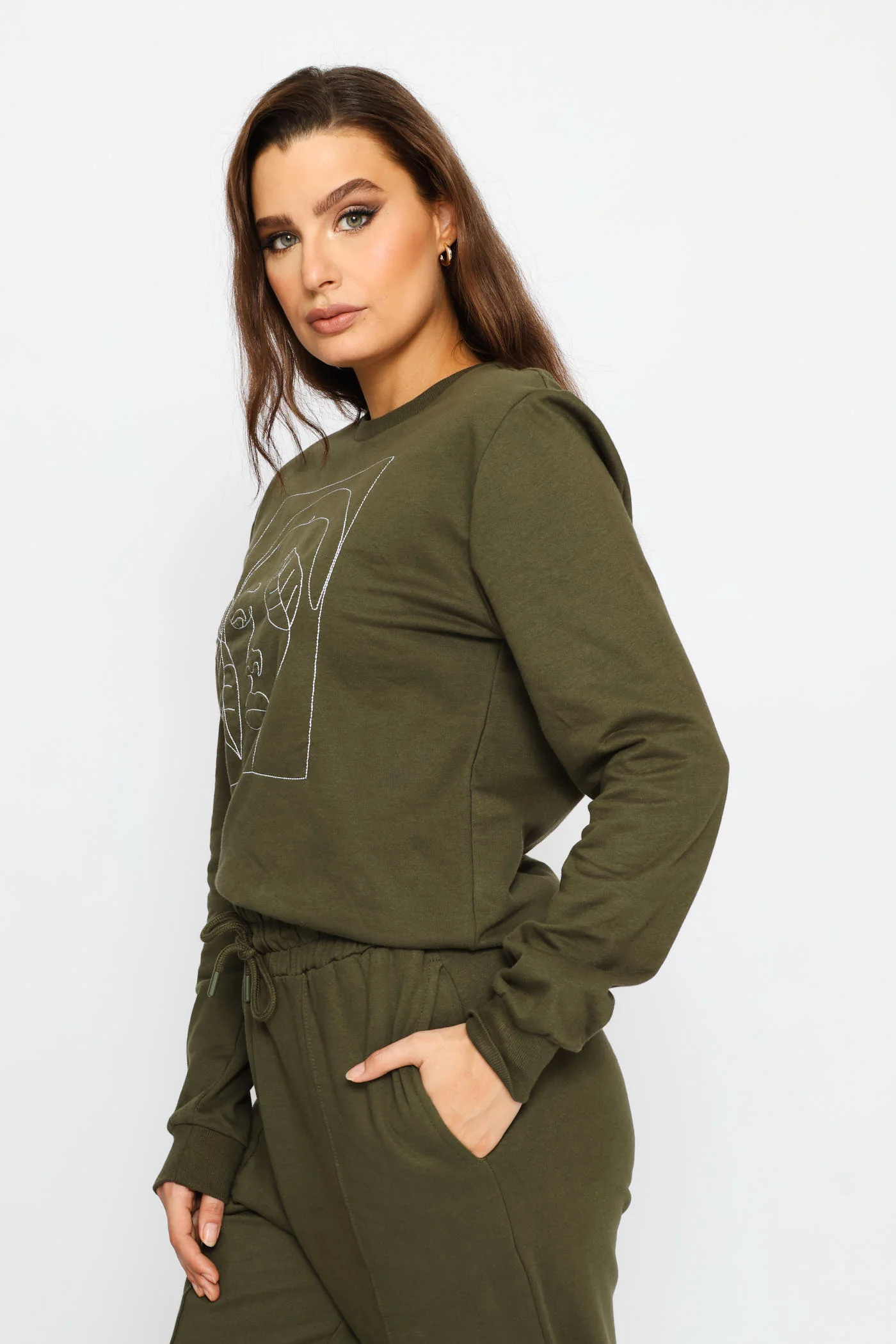 Long Sleeve Embroidered Face Outline Pullover - Dark Fatigue - Image 4