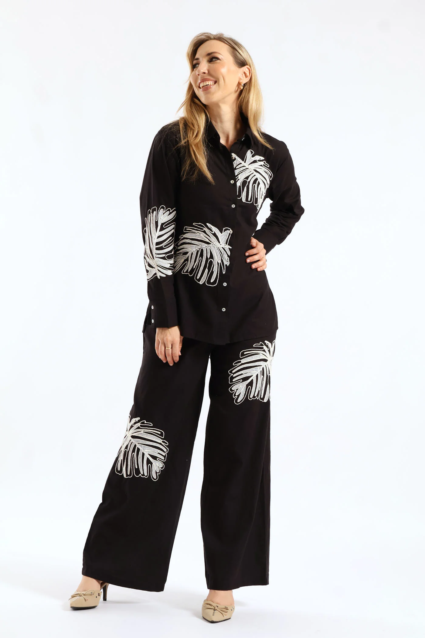 Long Sleeve Embroidered Leaf Linen Shirt - Black - Image 2
