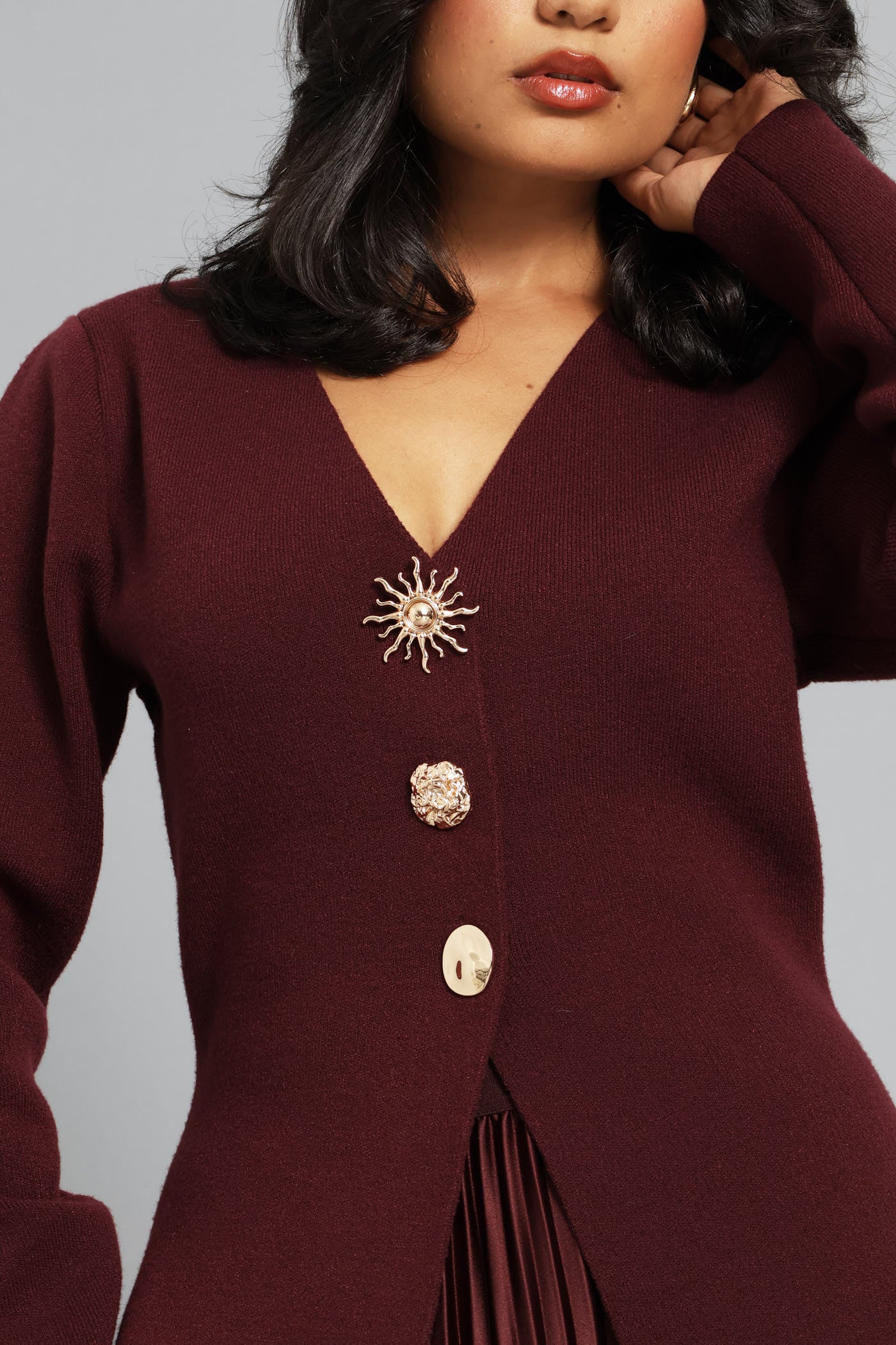 Long Sleeve Fancy Button Waistcoat - Burgundy - Image 2