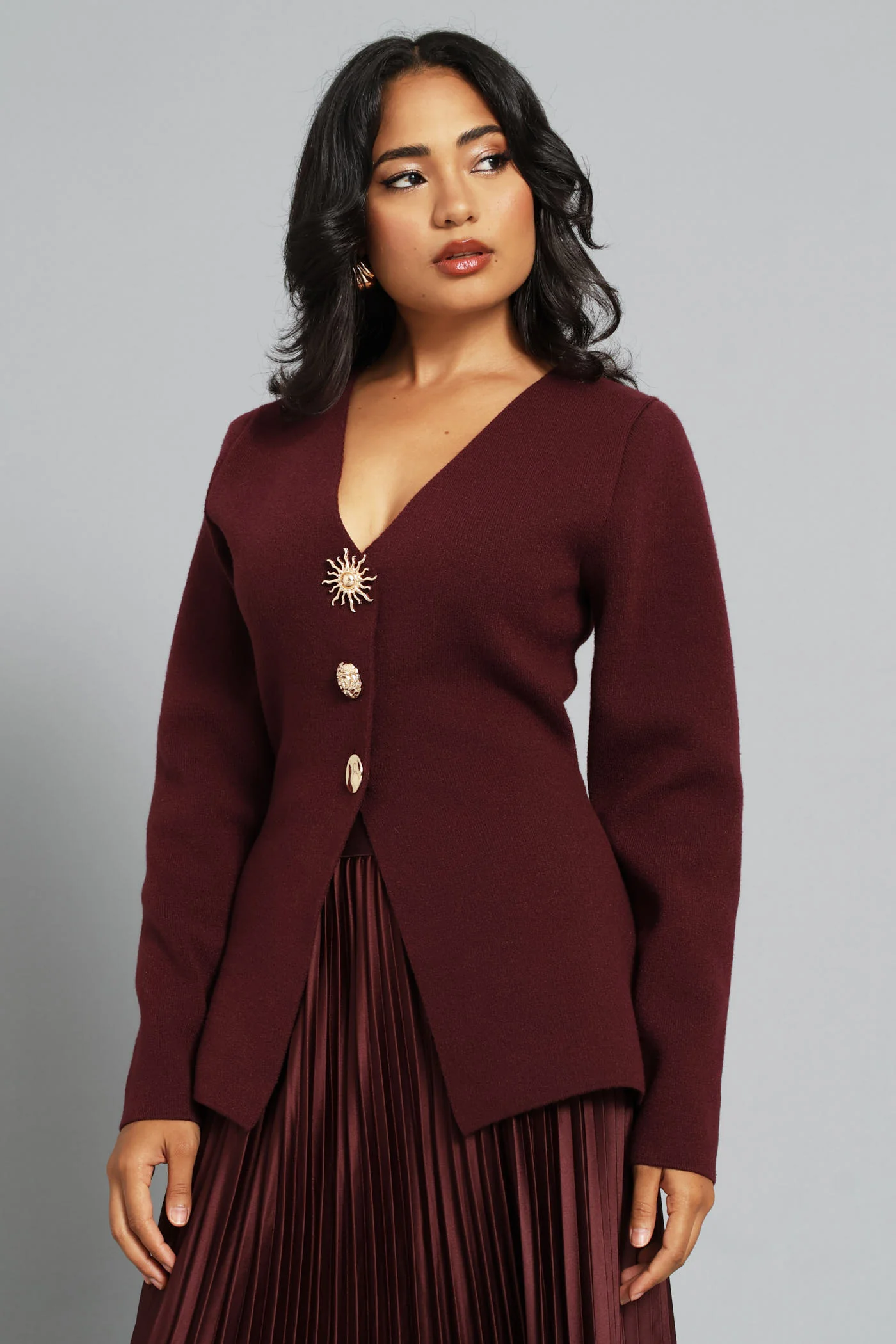 Long Sleeve Fancy Button Waistcoat - Burgundy - Image 3
