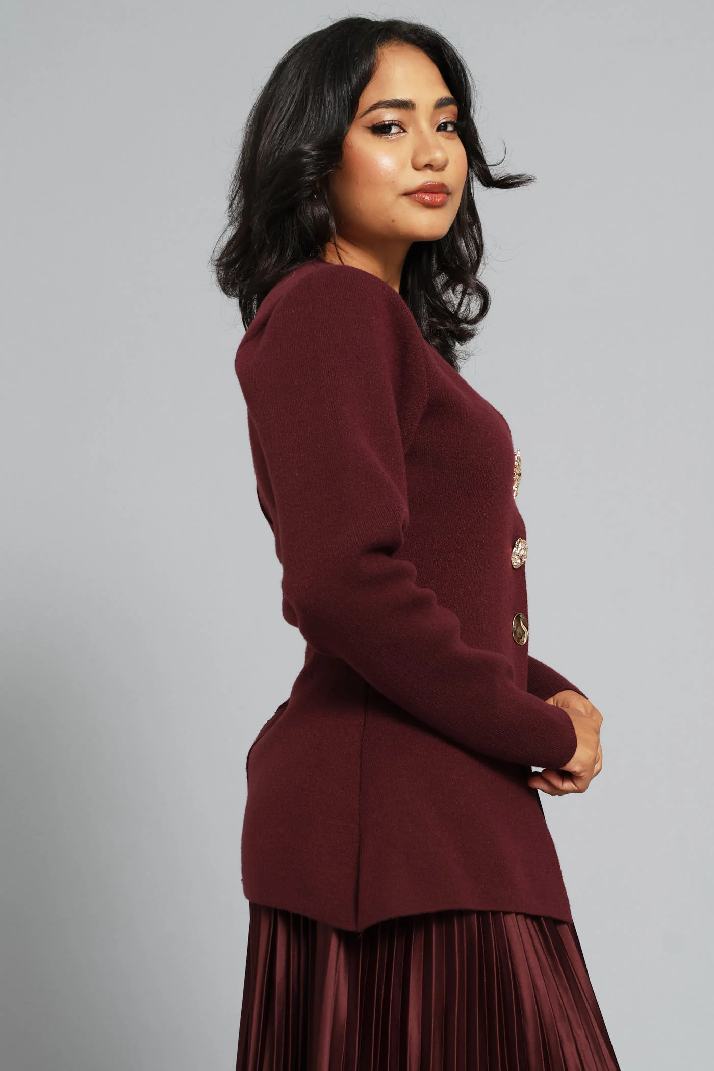 Long Sleeve Fancy Button Waistcoat - Burgundy - Image 4