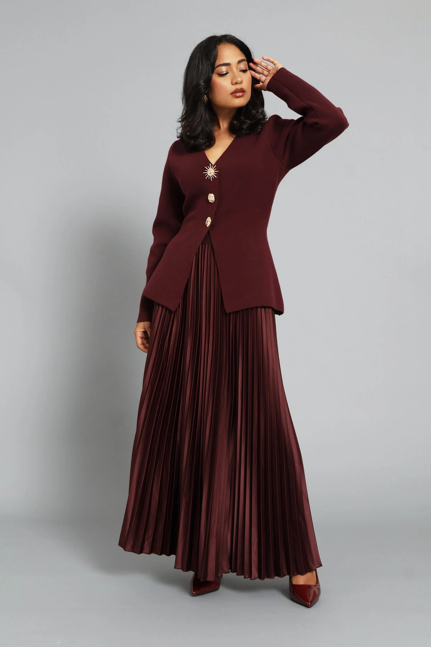 Long Sleeve Fancy Button Waistcoat - Burgundy - Image 6