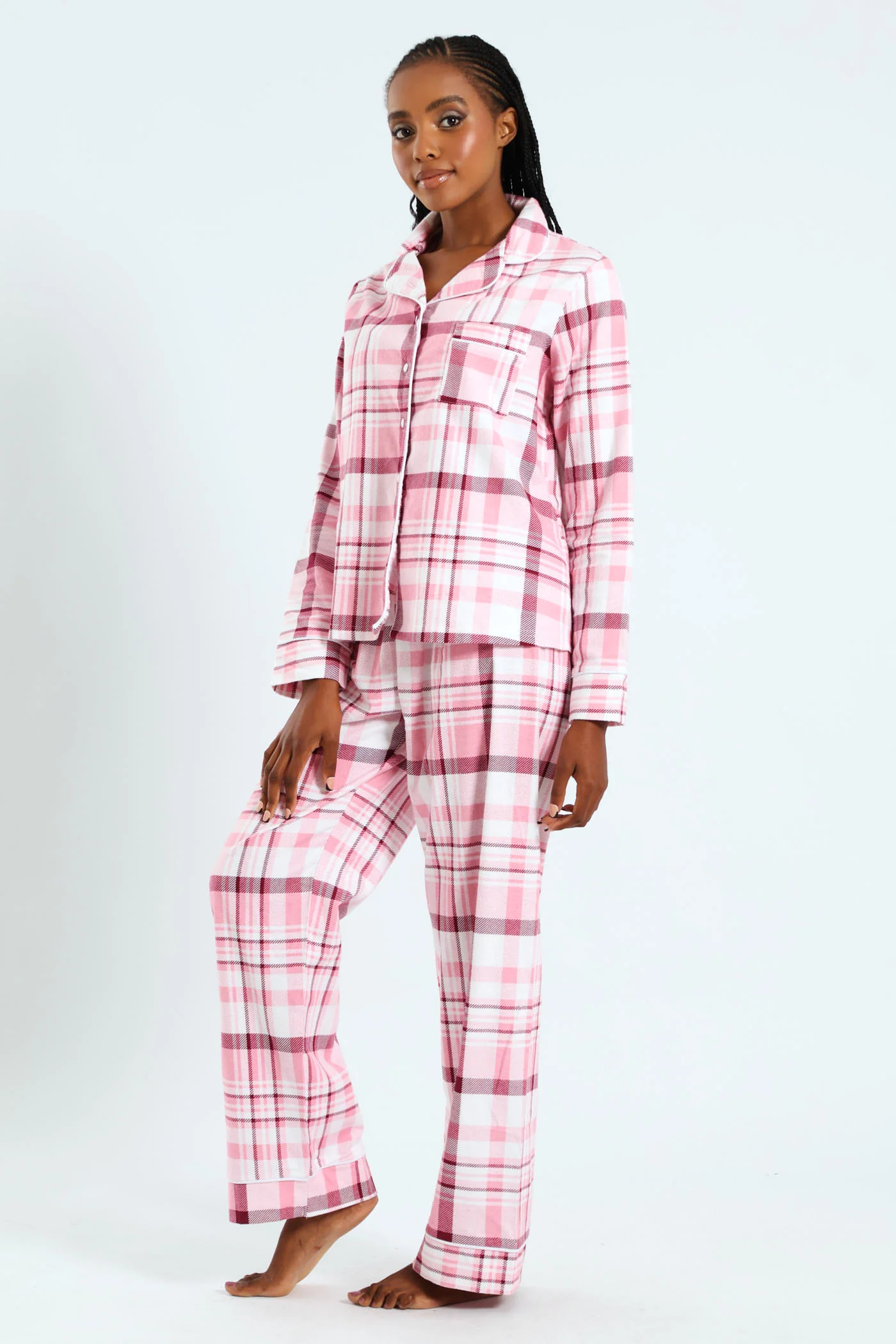 Long Sleeve Flannel Check Button Through & Pants Set - White/Pink - Image 2