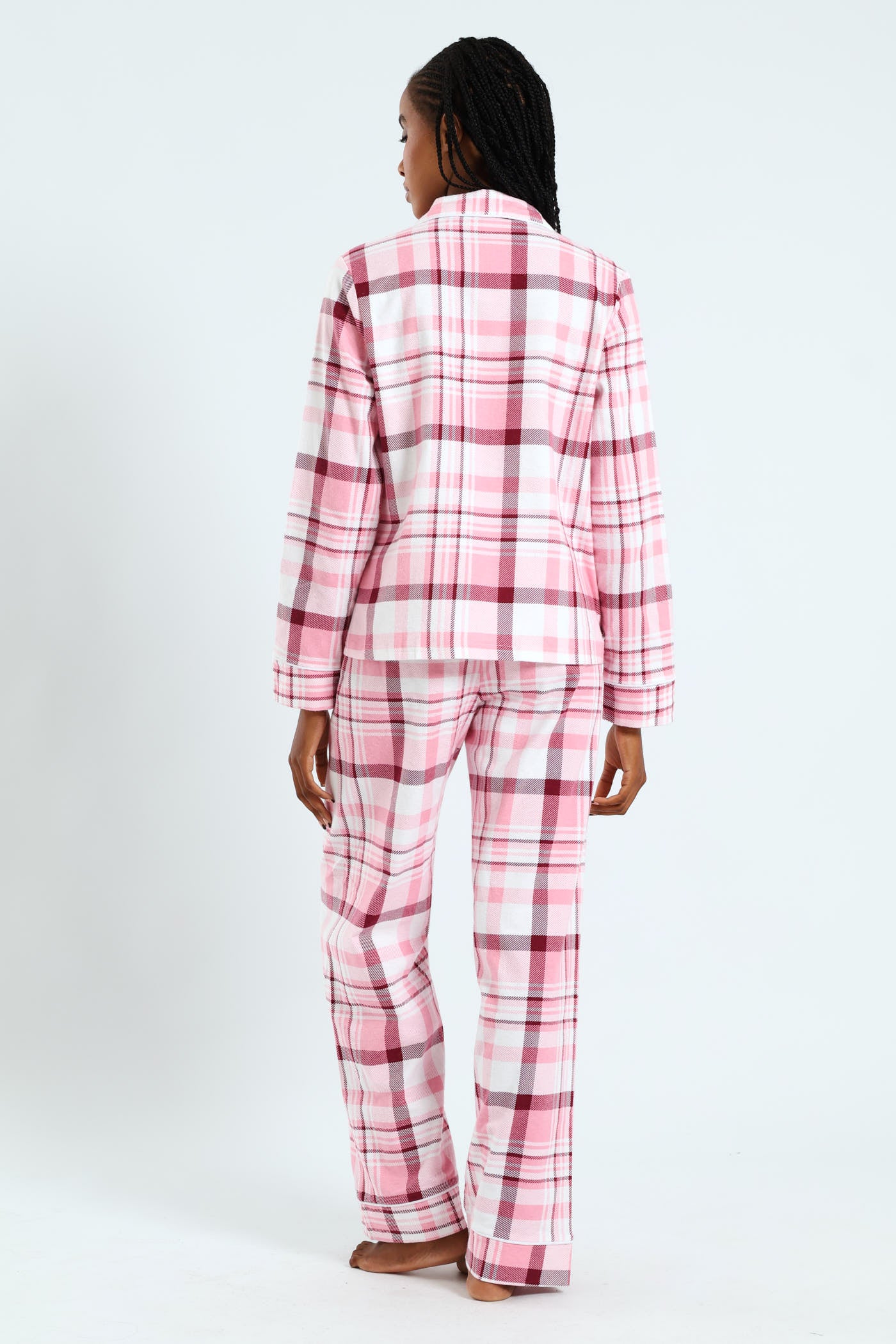 Long Sleeve Flannel Check Button Through & Pants Set - White/Pink - Image 3