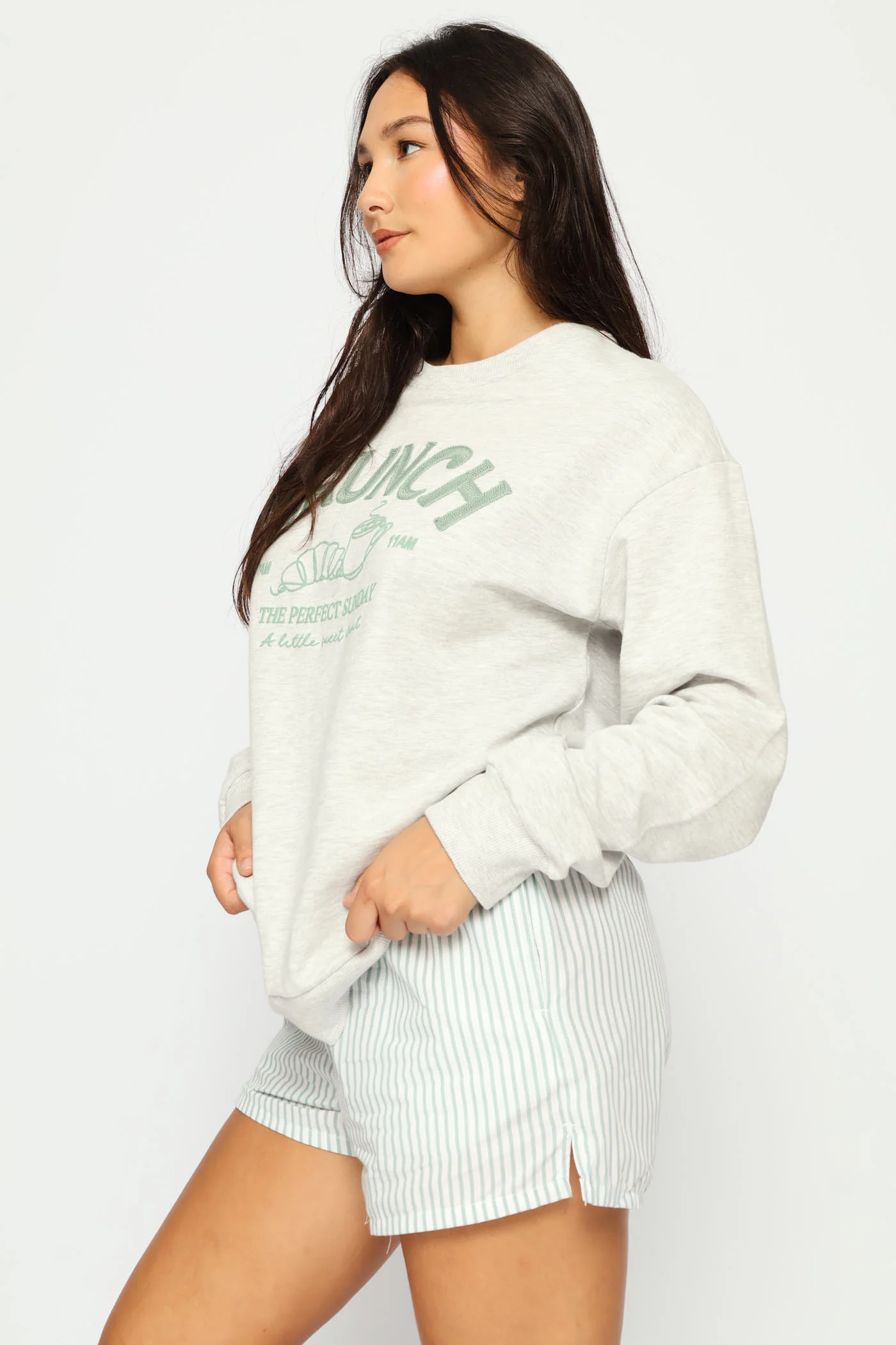 Long Sleeve Fleece Pullover & Woven Short Set - Grey Melange - Image 3