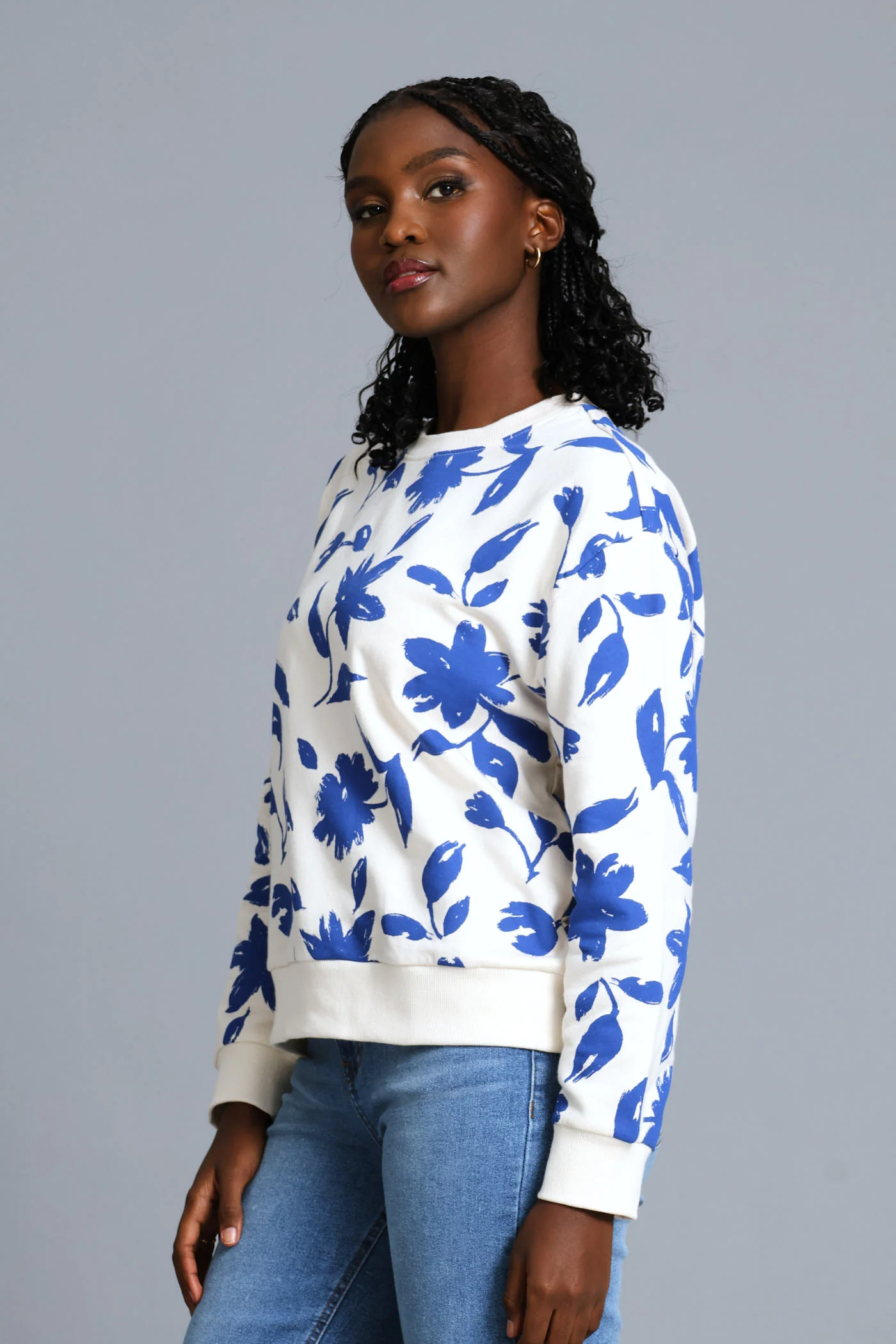 Long Sleeve Floral Pullover - Cream/Blue - Image 3