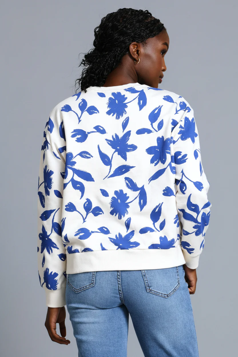 Long Sleeve Floral Pullover - Cream/Blue - Image 4