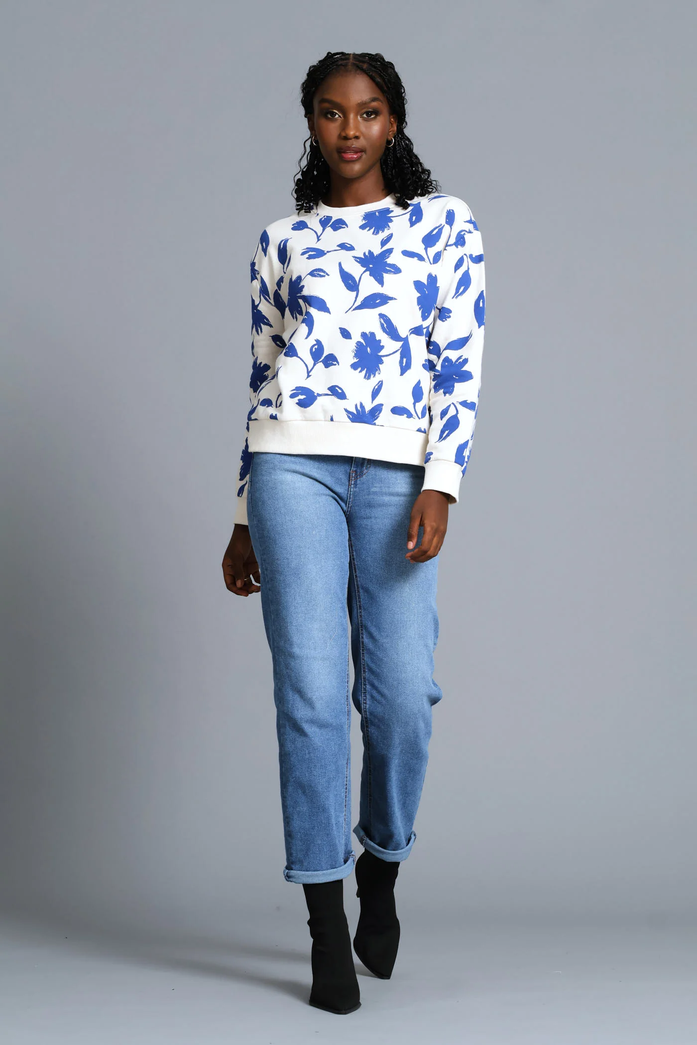Long Sleeve Floral Pullover - Cream/Blue - Image 5