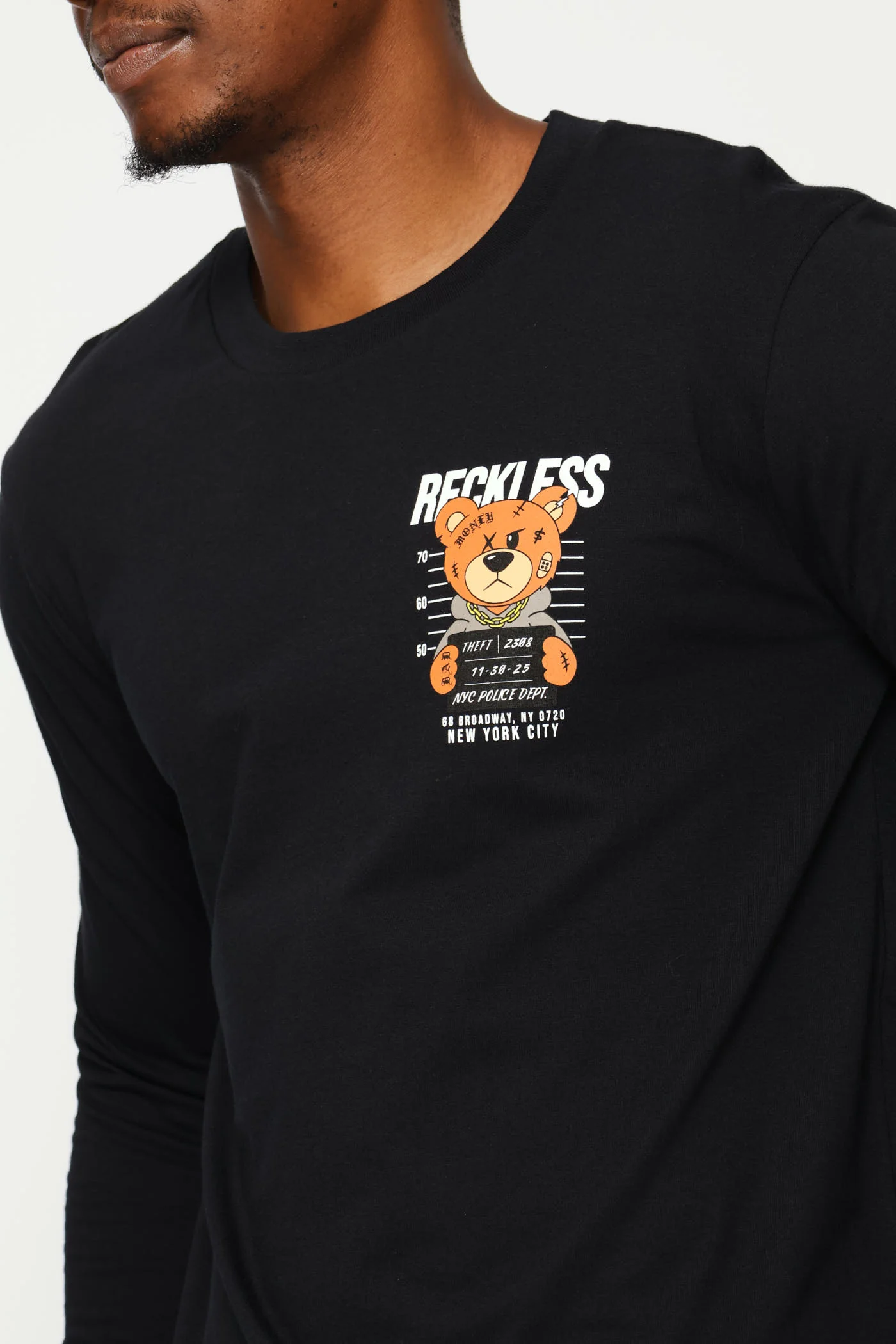 Long Sleeve Front Bear Print Tee - Black - Image 2