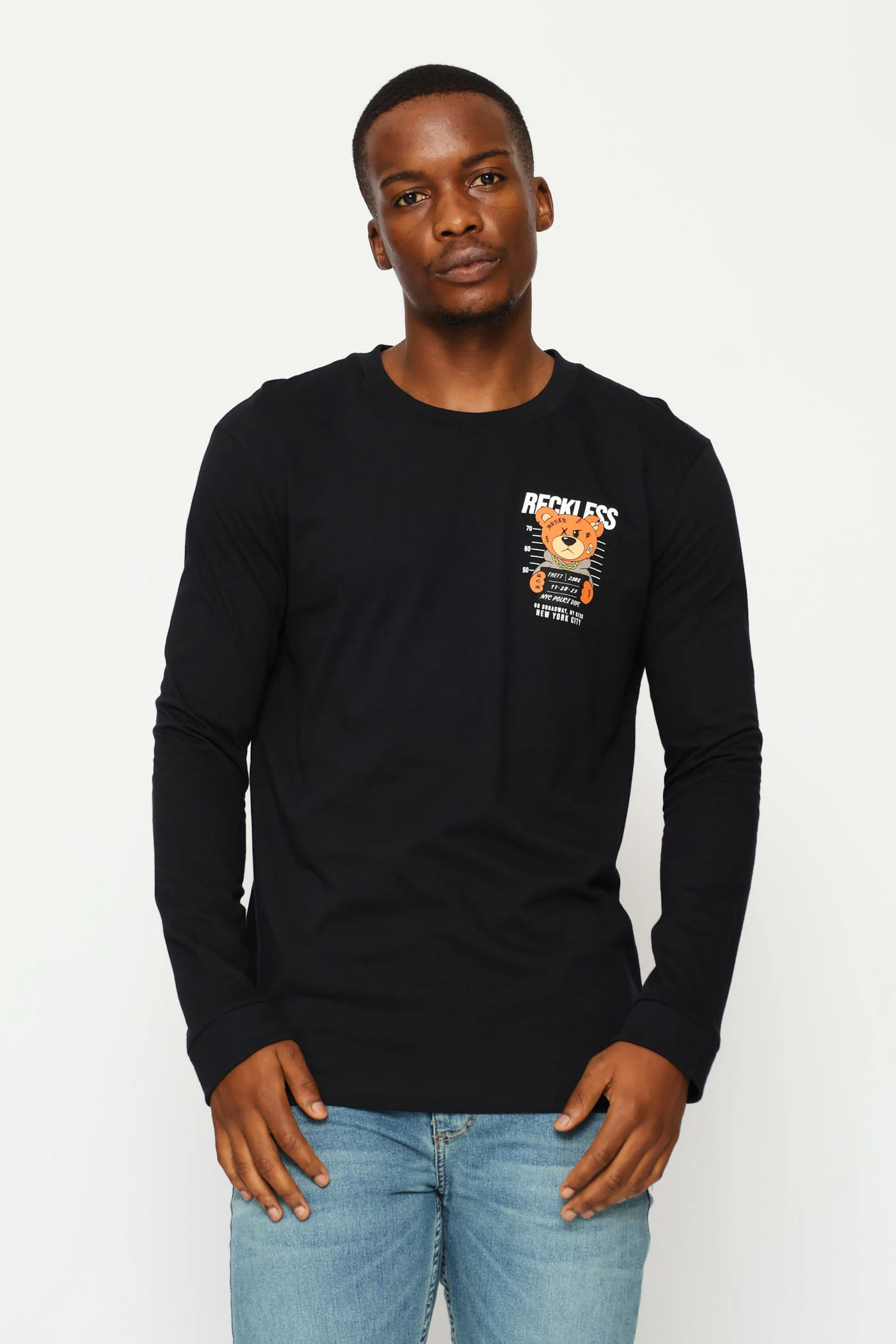 Long Sleeve Front Bear Print Tee - Black - Image 3