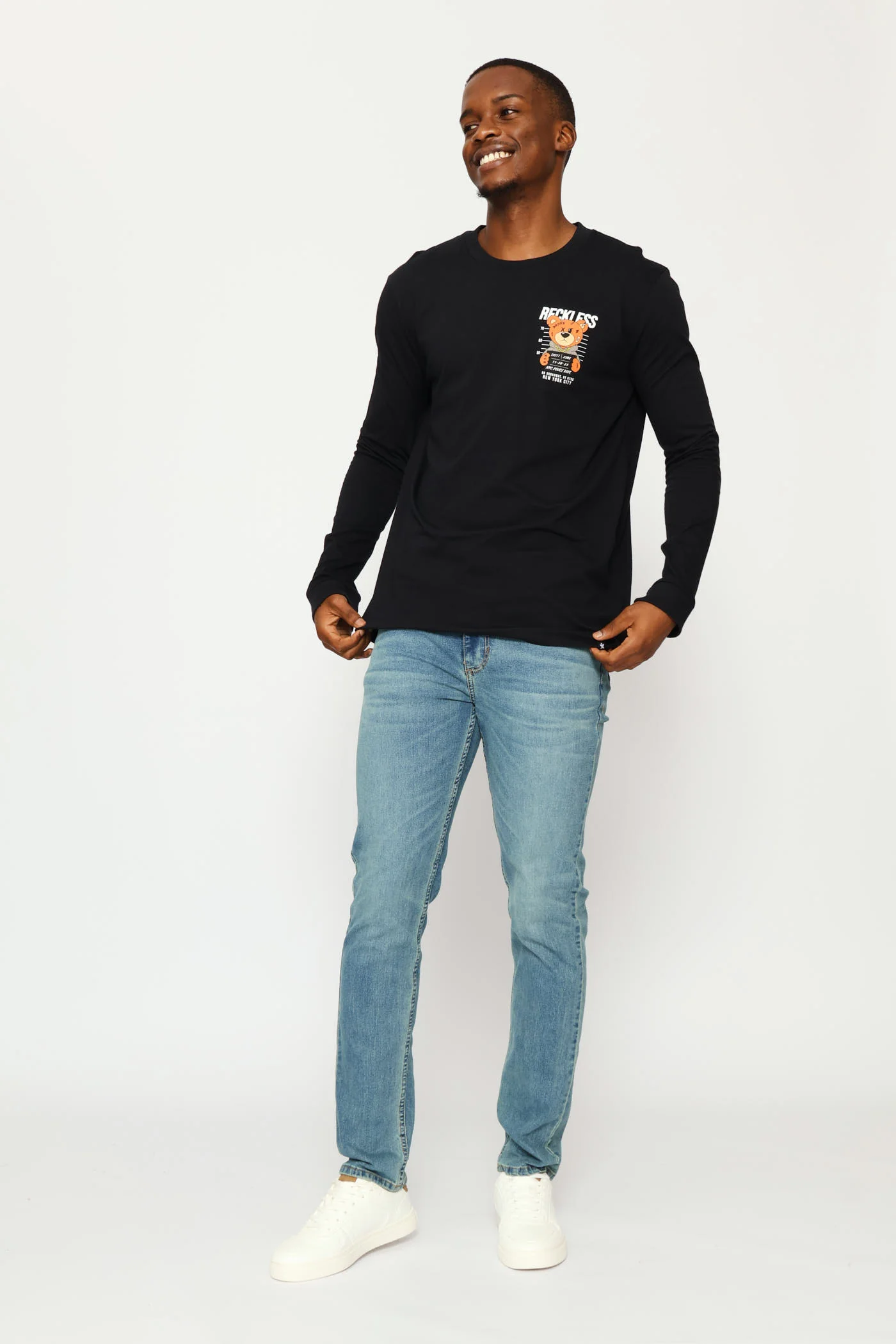 Long Sleeve Front Bear Print Tee - Black - Image 5