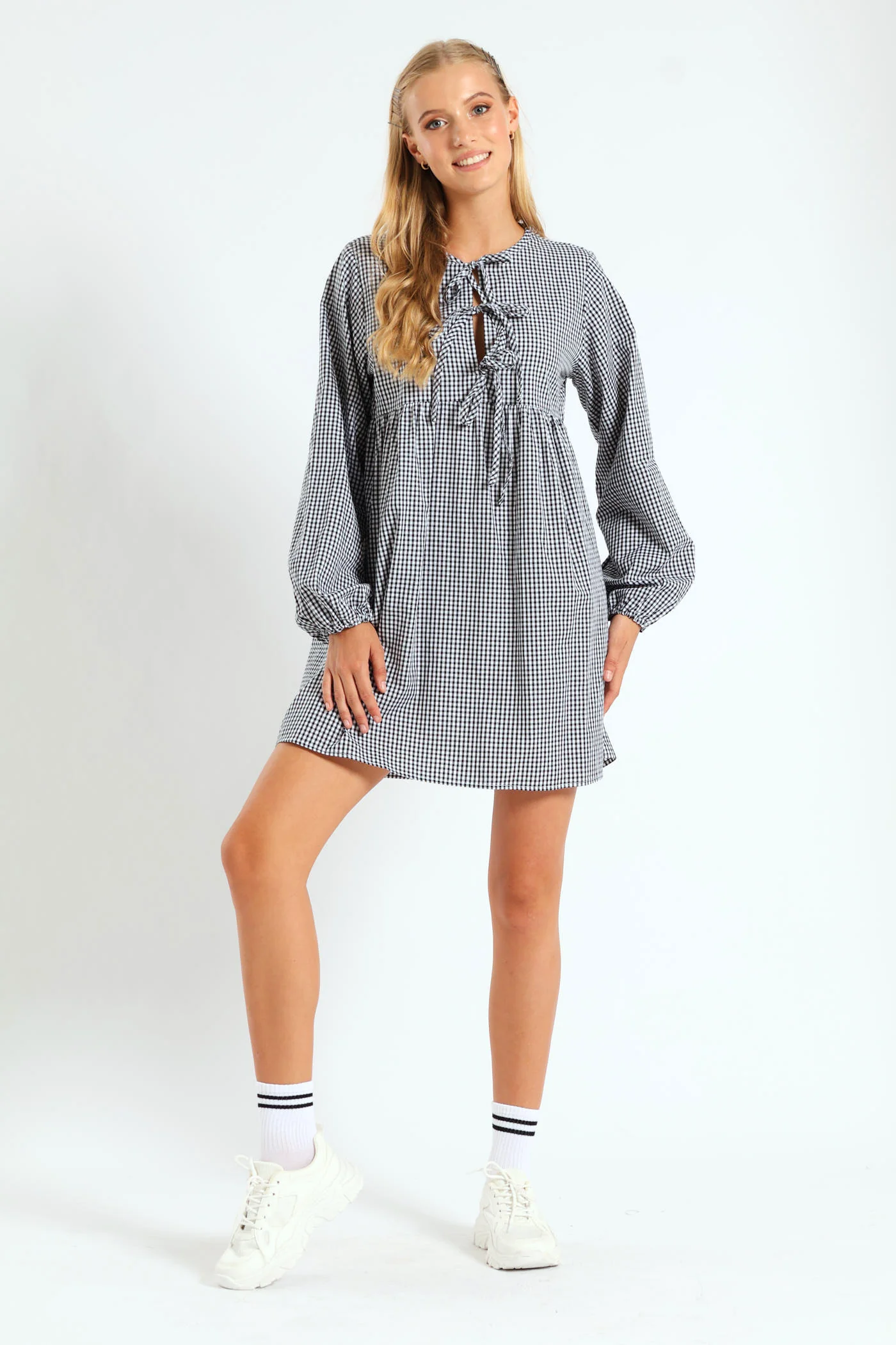 Long Sleeve Gingham Bow Mini Dress - Black/White - Image 2