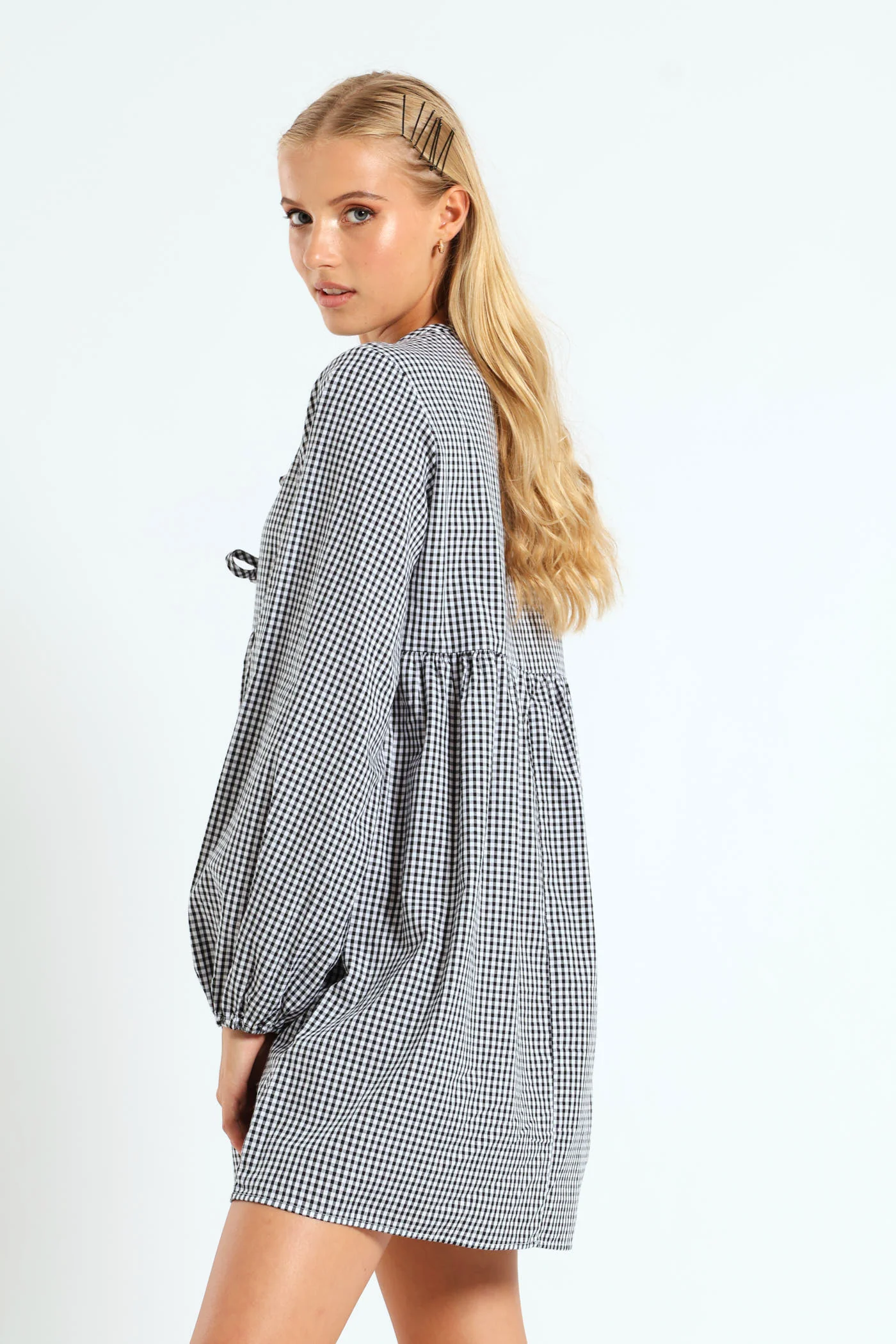 Long Sleeve Gingham Bow Mini Dress - Black/White - Image 3