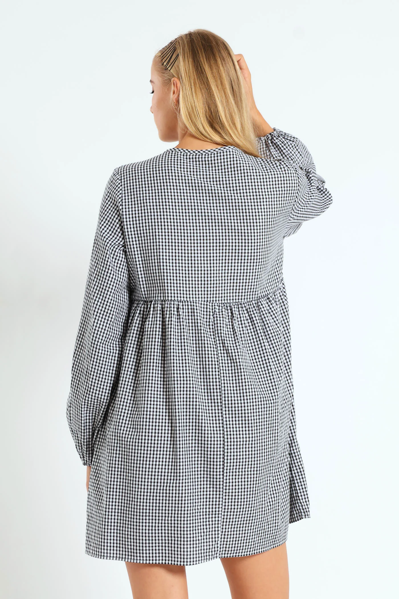 Long Sleeve Gingham Bow Mini Dress - Black/White - Image 4