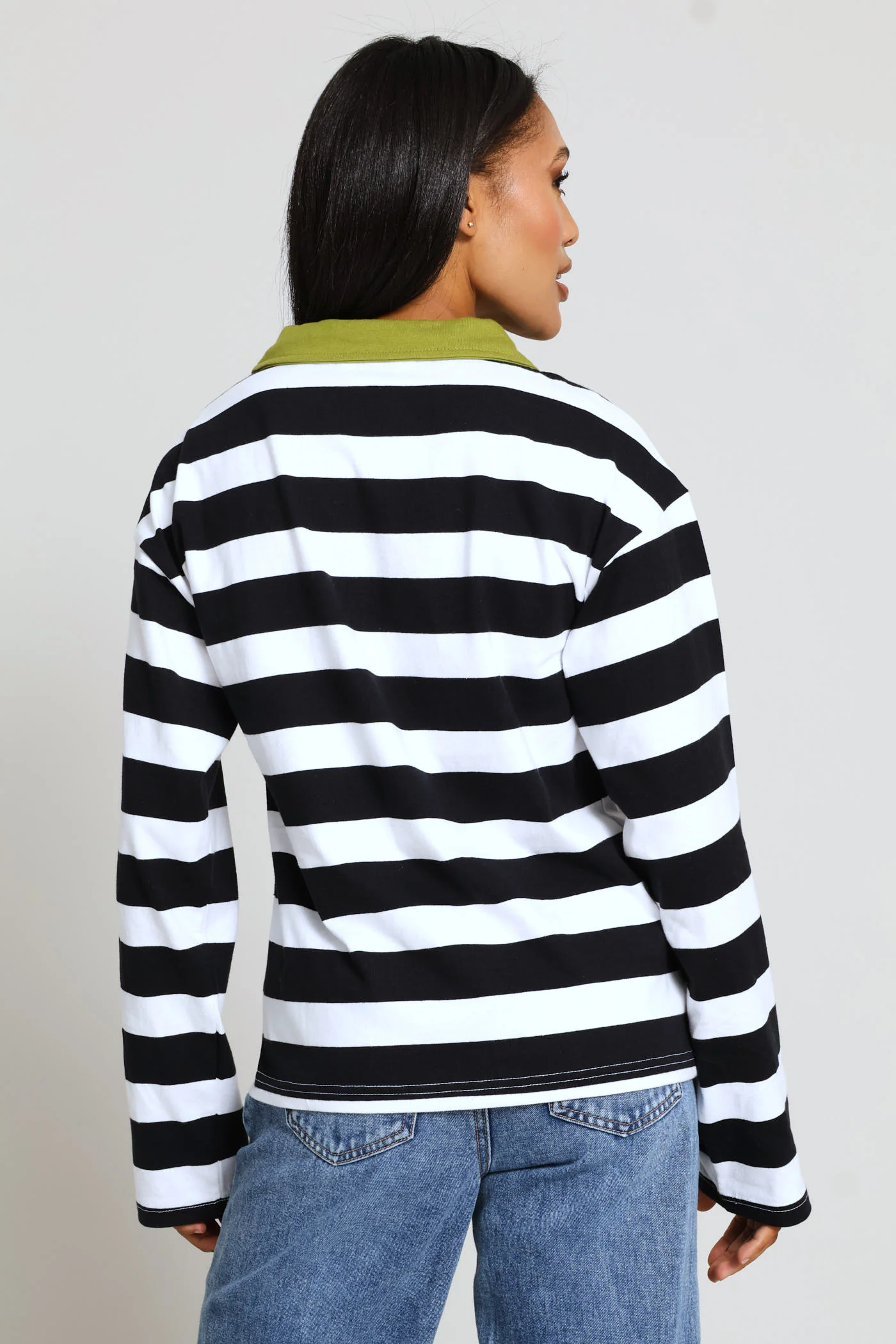 Long Sleeve Half Placket Contrast Collar Slouchy Rugby Top - Black/White - Image 3