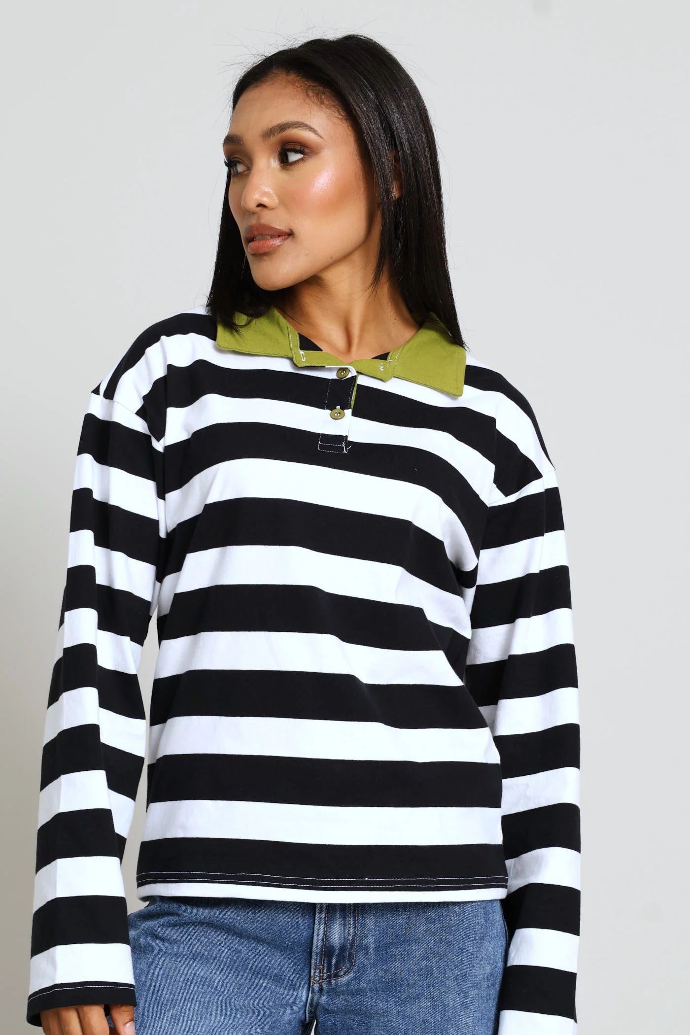 Long Sleeve Half Placket Contrast Collar Slouchy Rugby Top - Black/White - Image 5