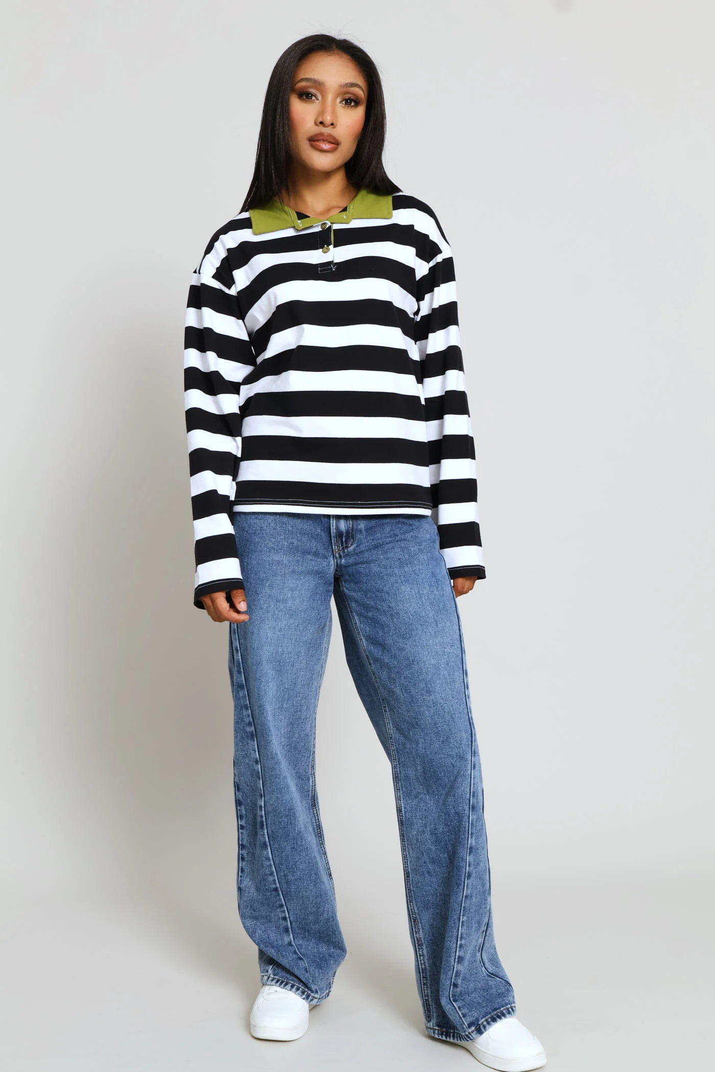 Long Sleeve Half Placket Contrast Collar Slouchy Rugby Top - Black/White - Image 6
