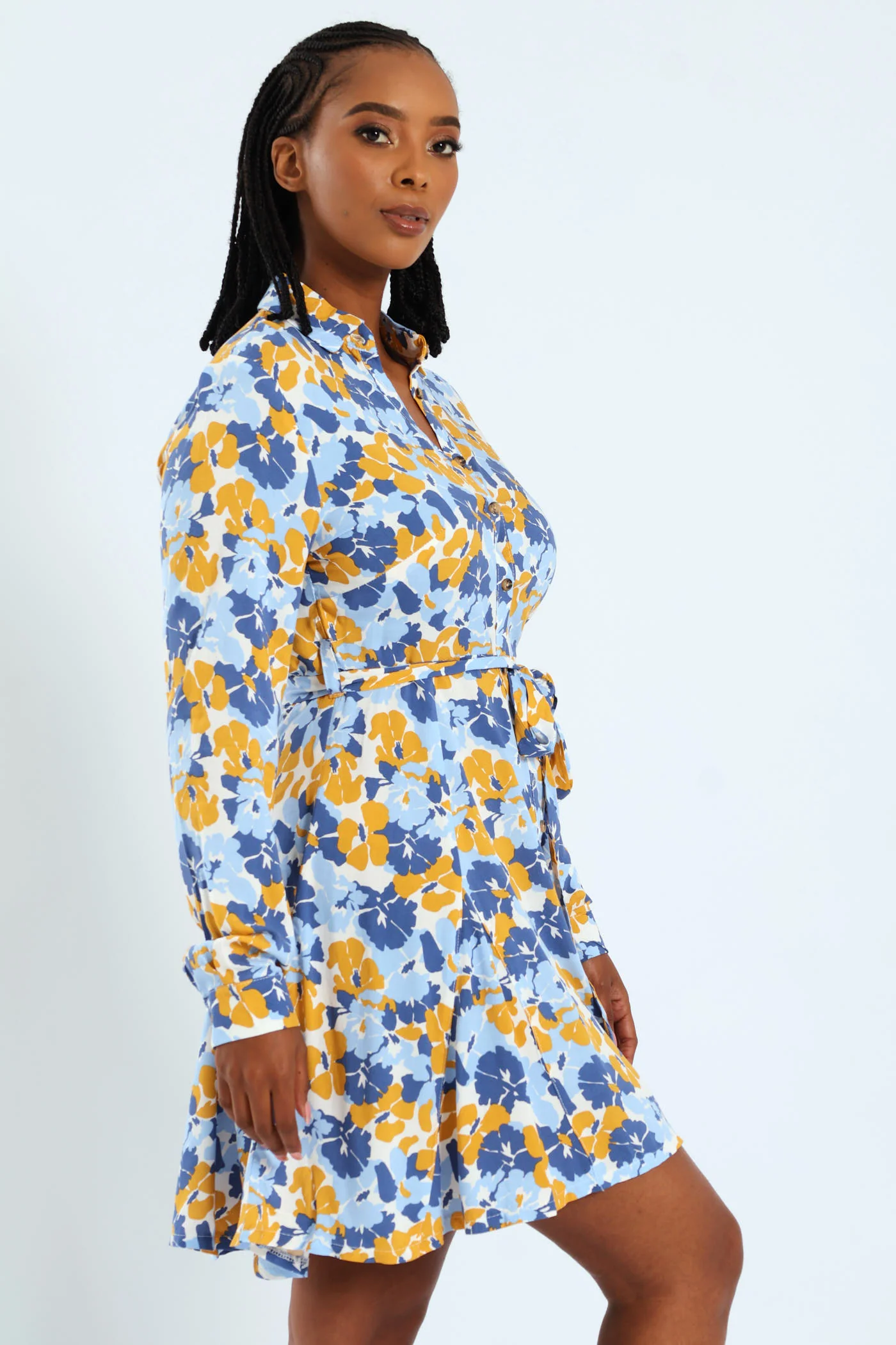 Long Sleeve Half Placket Sef Belted Godet Mini Dress - Image 2