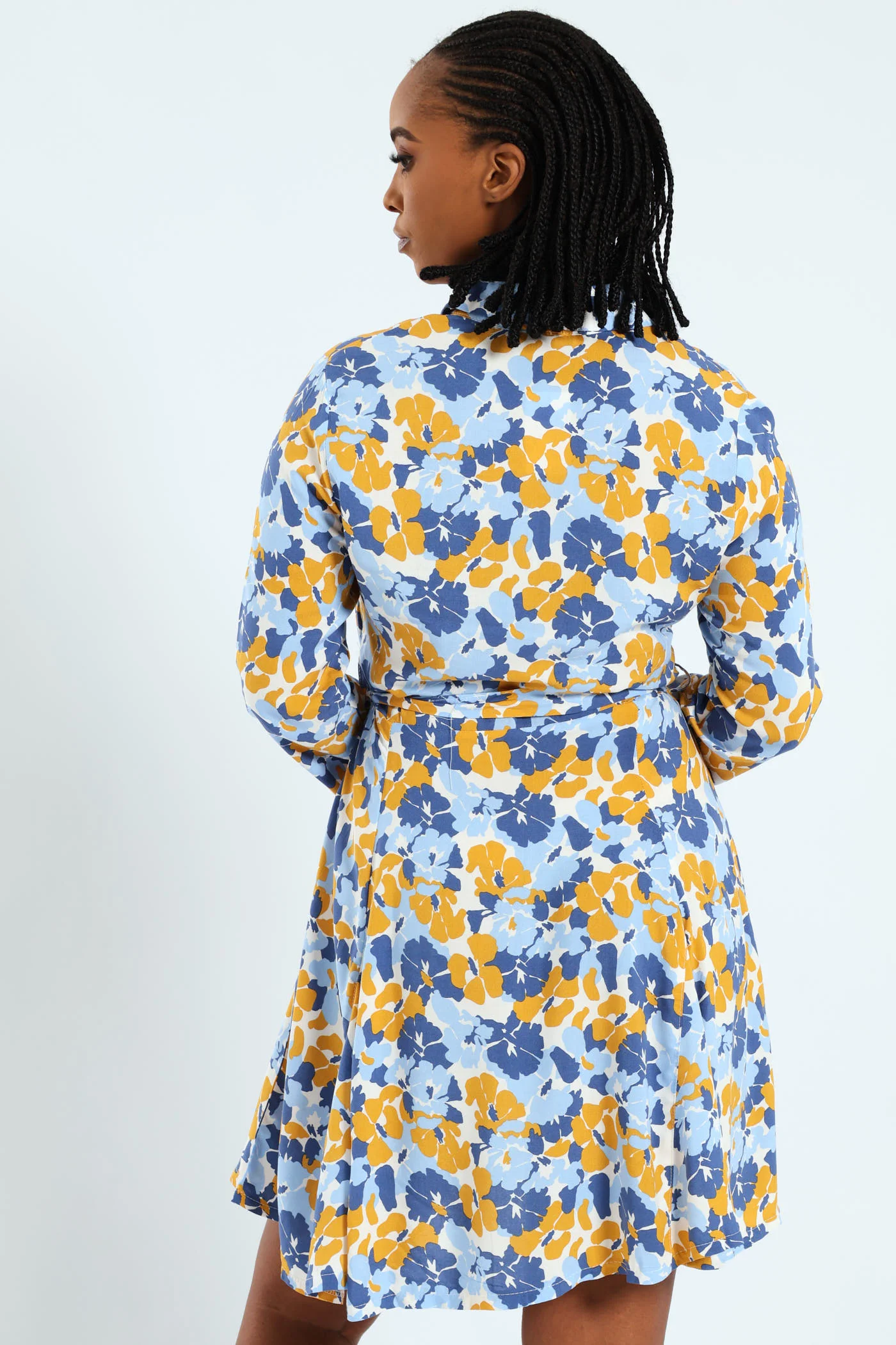 Long Sleeve Half Placket Sef Belted Godet Mini Dress - Image 3
