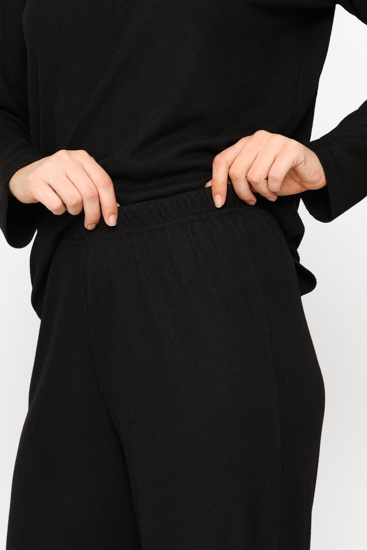 Long Sleeve Henley & Pant Waffle Knit Set - Black - Image 2