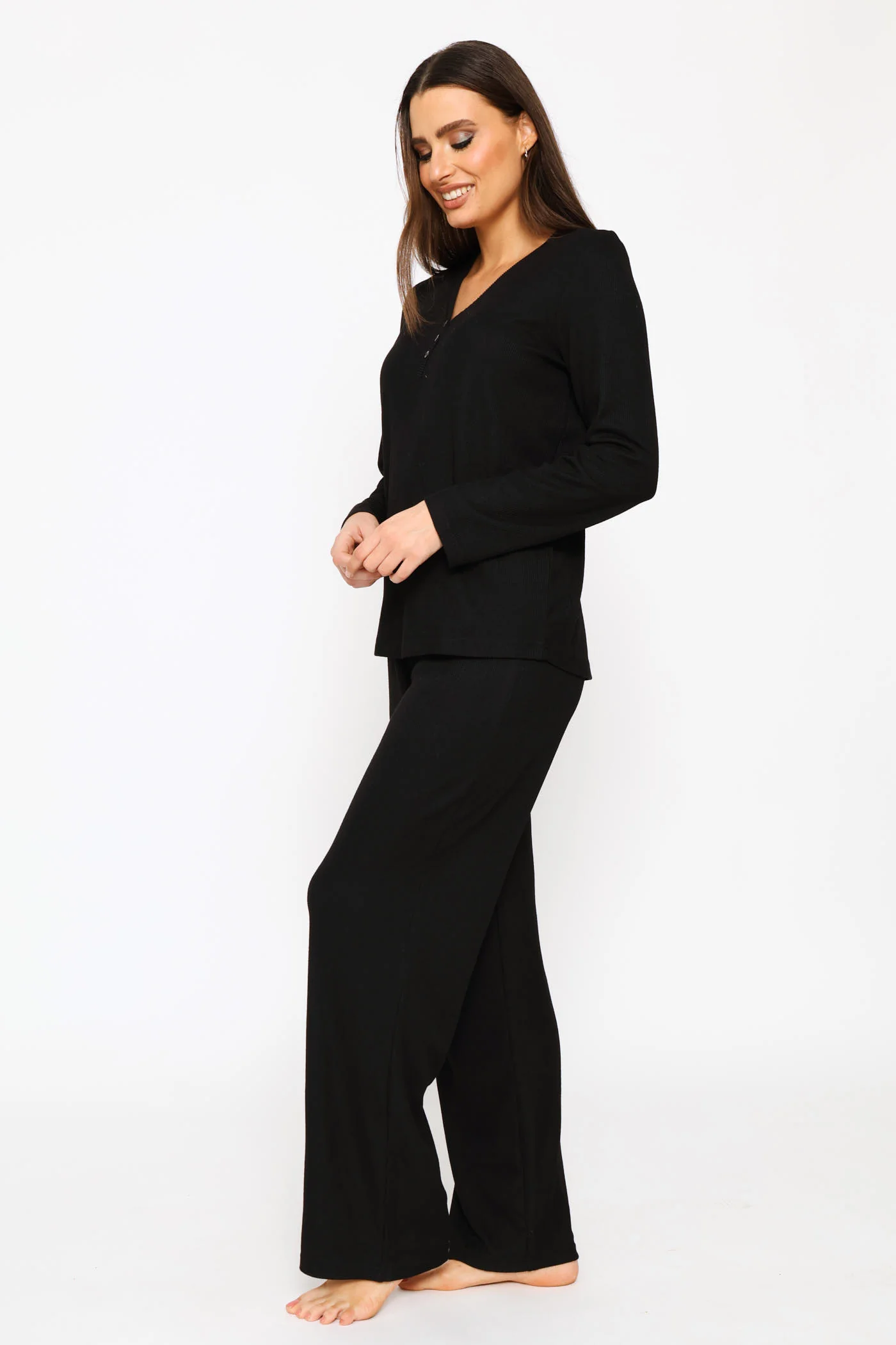 Long Sleeve Henley & Pant Waffle Knit Set - Black - Image 3