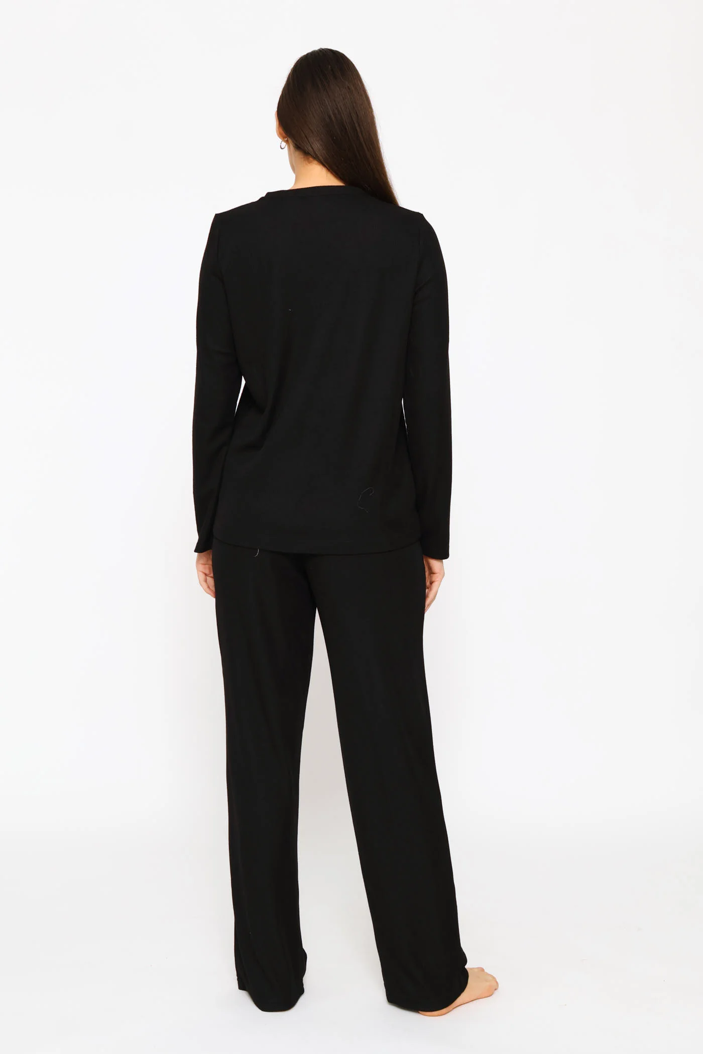 Long Sleeve Henley & Pant Waffle Knit Set - Black - Image 4