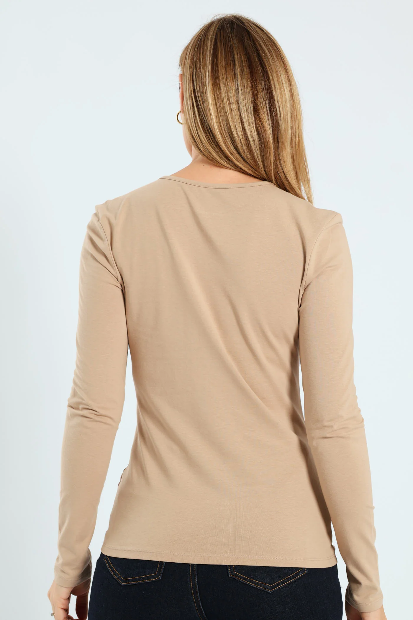 Long Sleeve Henley Top - Dark Beige - Image 3