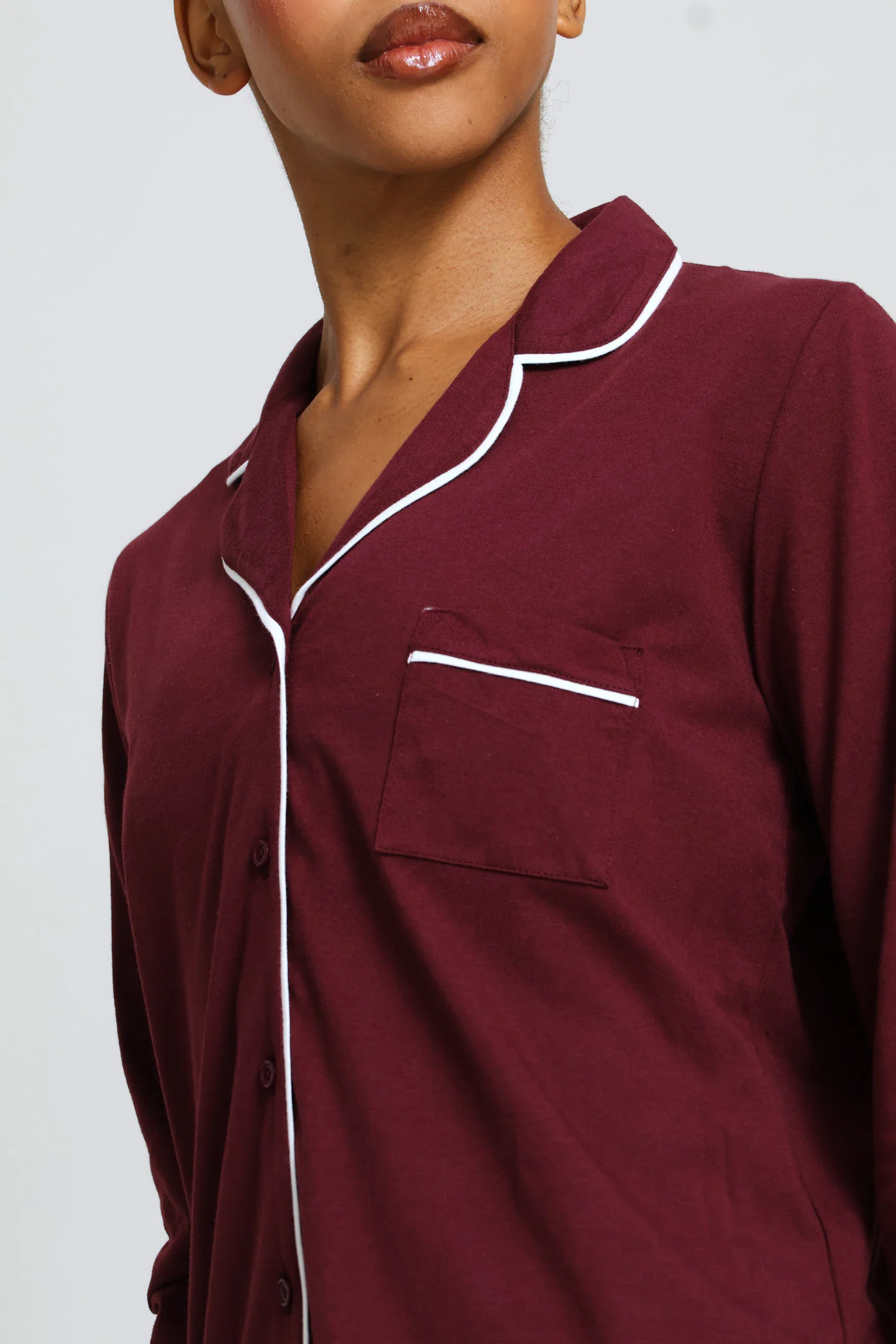 Long Sleeve Knit Button Through & Pant Set - Burgundy - Image 2