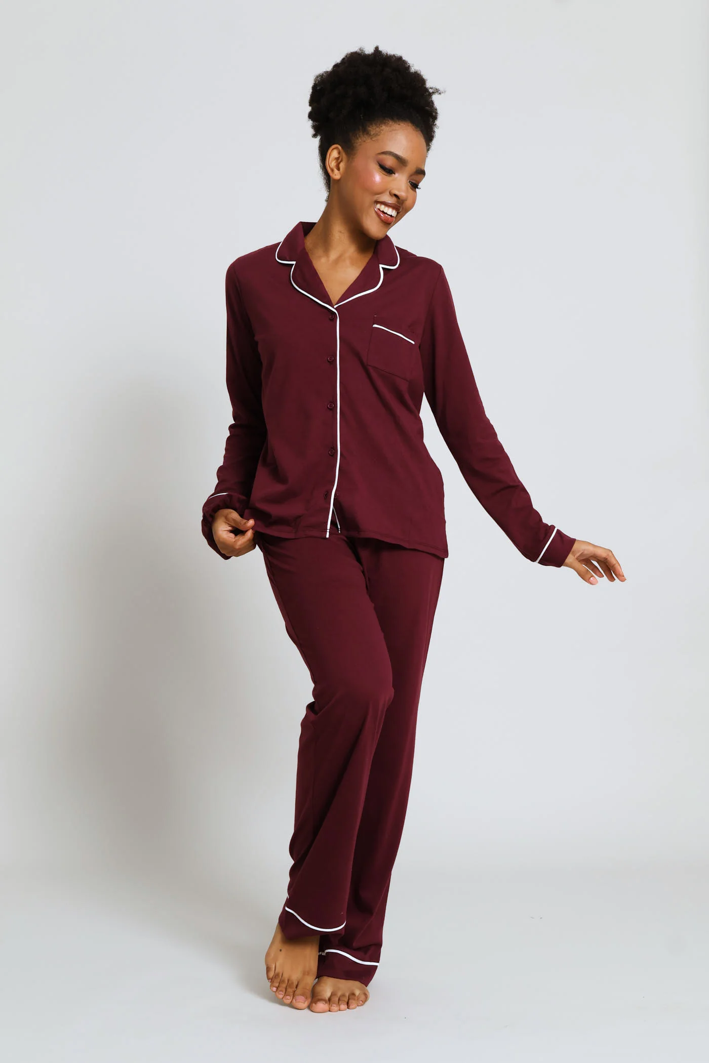 Long Sleeve Knit Button Through & Pant Set - Burgundy - Image 5