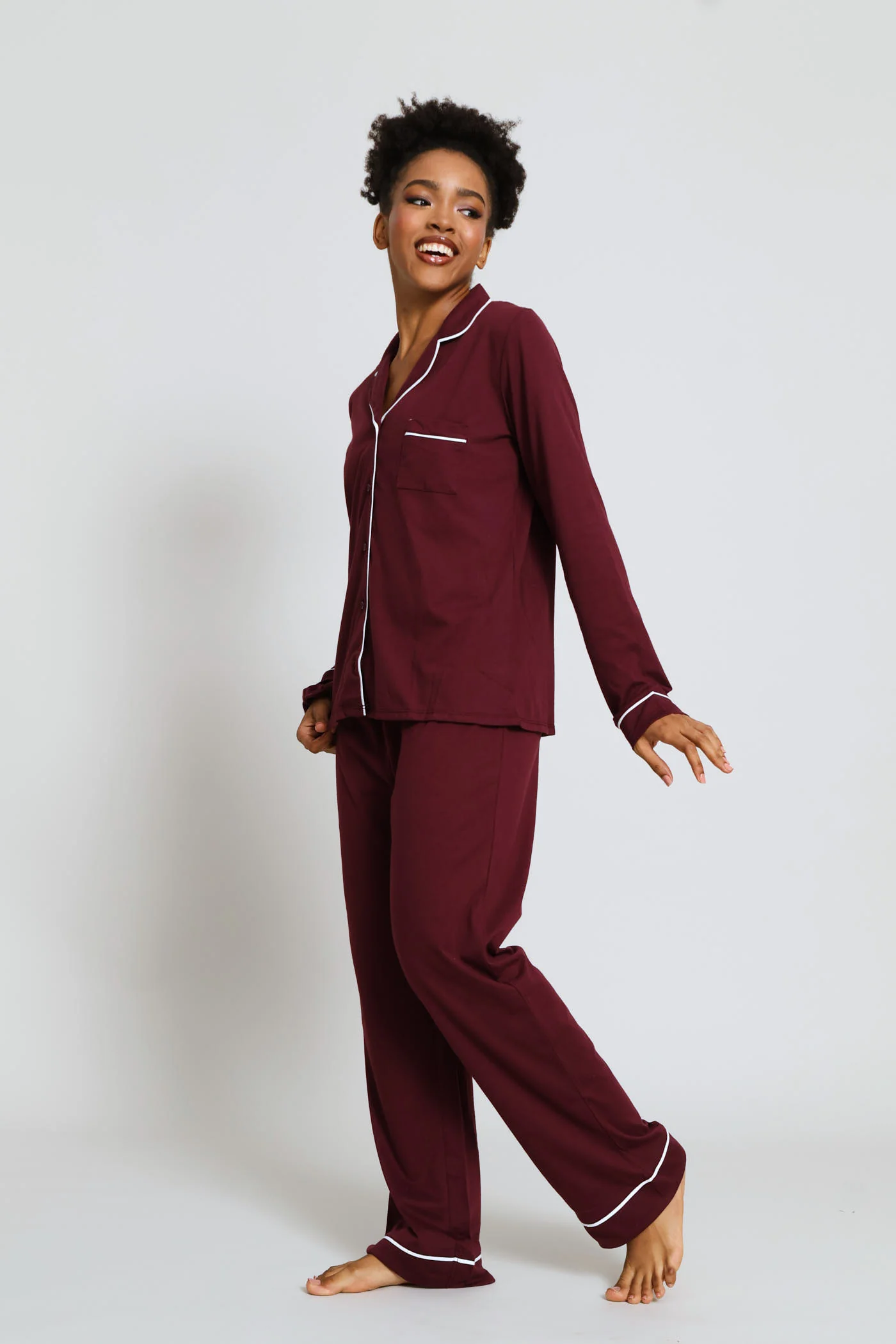 Long Sleeve Knit Button Through & Pant Set - Burgundy - Image 6