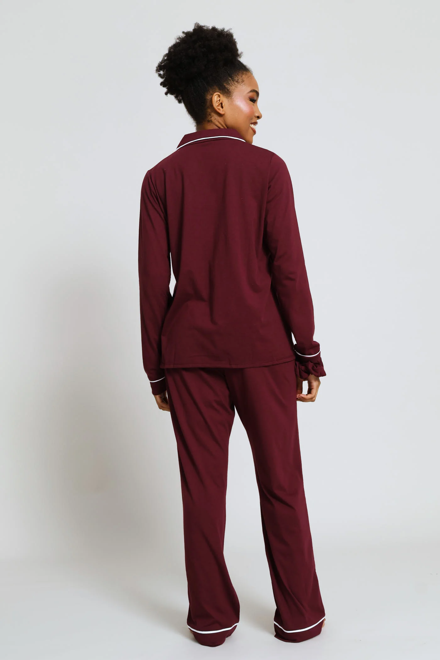 Long Sleeve Knit Button Through & Pant Set - Burgundy - Image 7