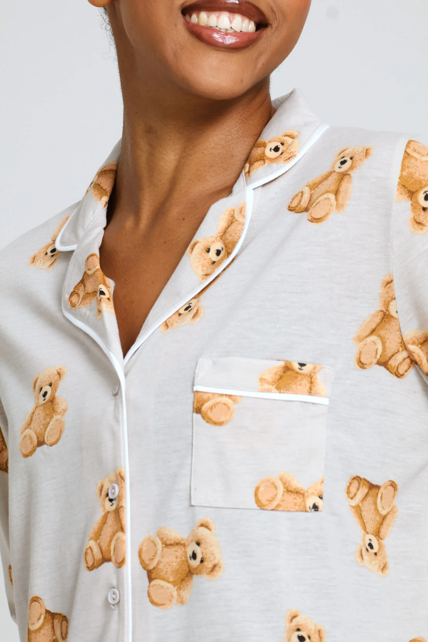 Long Sleeve Knit Button Through & Pant Set With Teddy Scrunchie - Brown - Image 3
