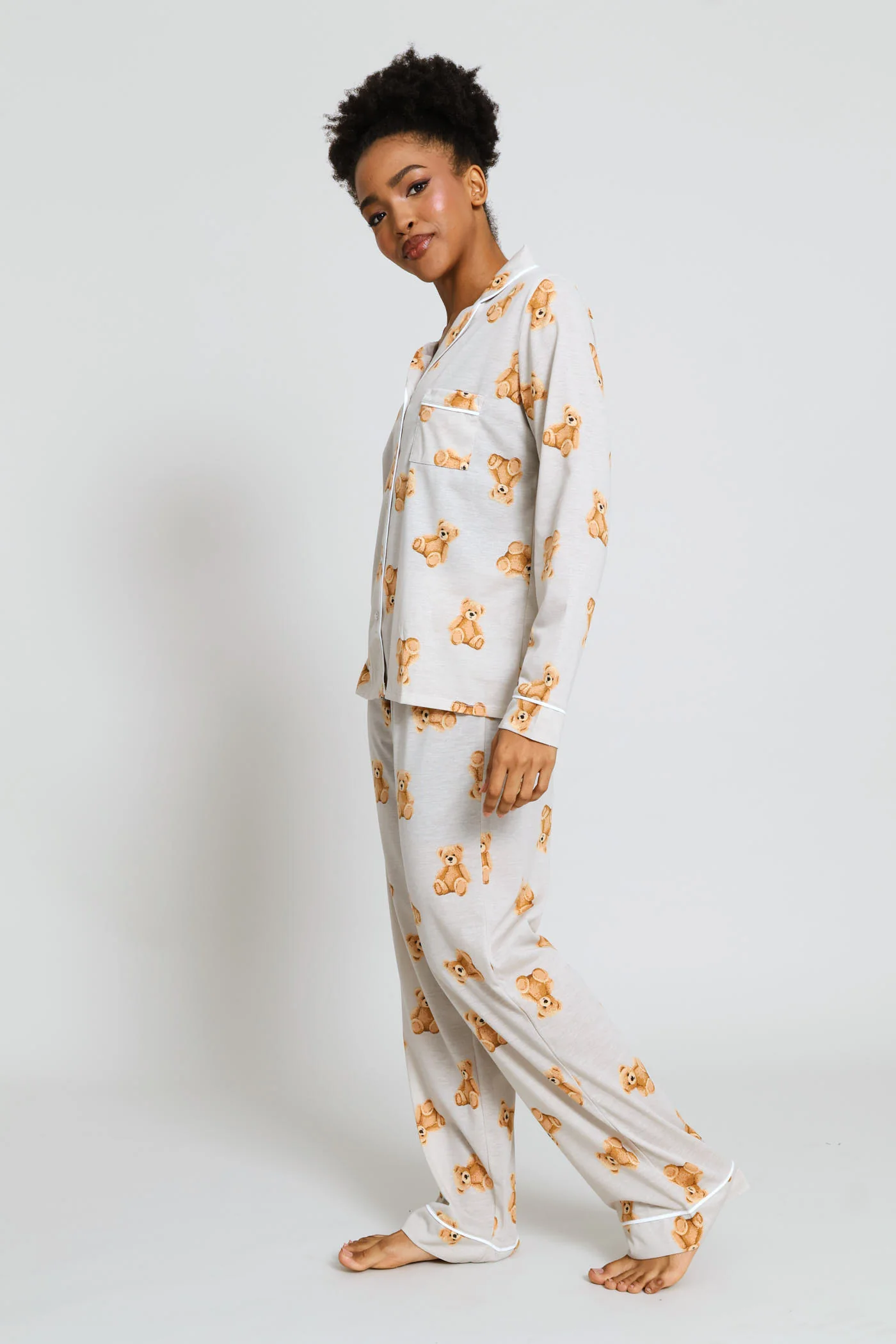 Long Sleeve Knit Button Through & Pant Set With Teddy Scrunchie - Brown - Image 5