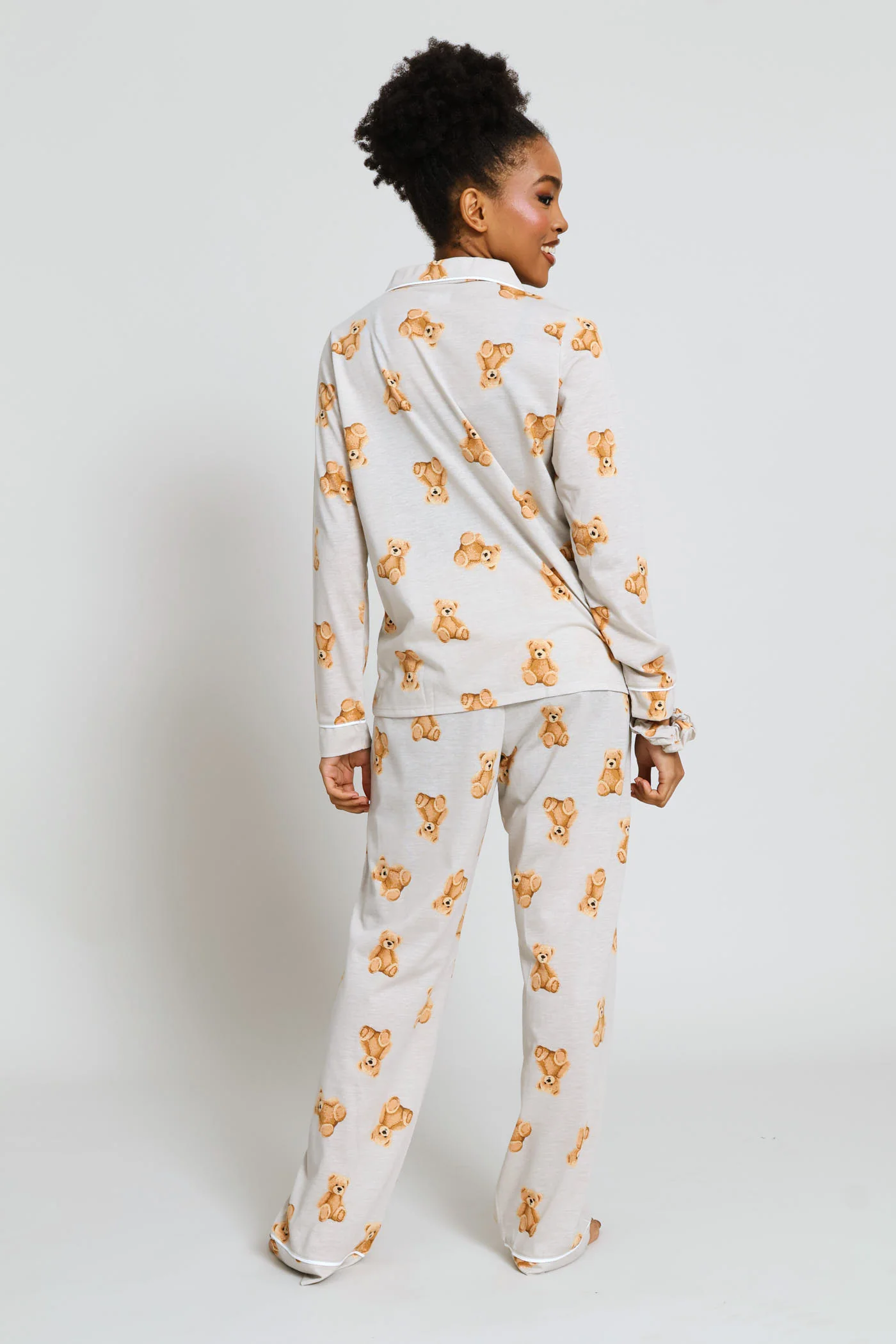 Long Sleeve Knit Button Through & Pant Set With Teddy Scrunchie - Brown - Image 6