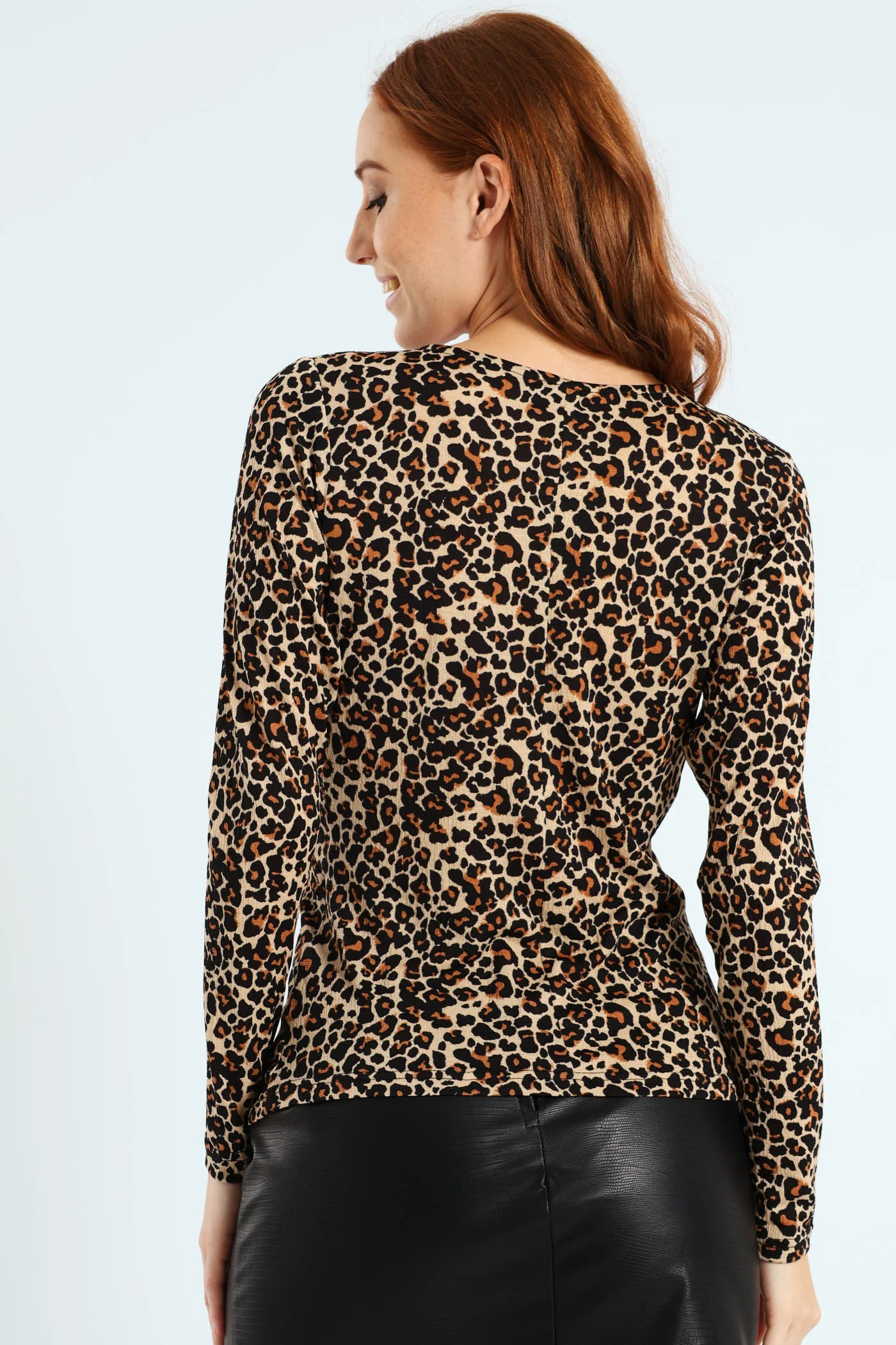 Long Sleeve Knot Front Rib Top - Animal Print - Image 4