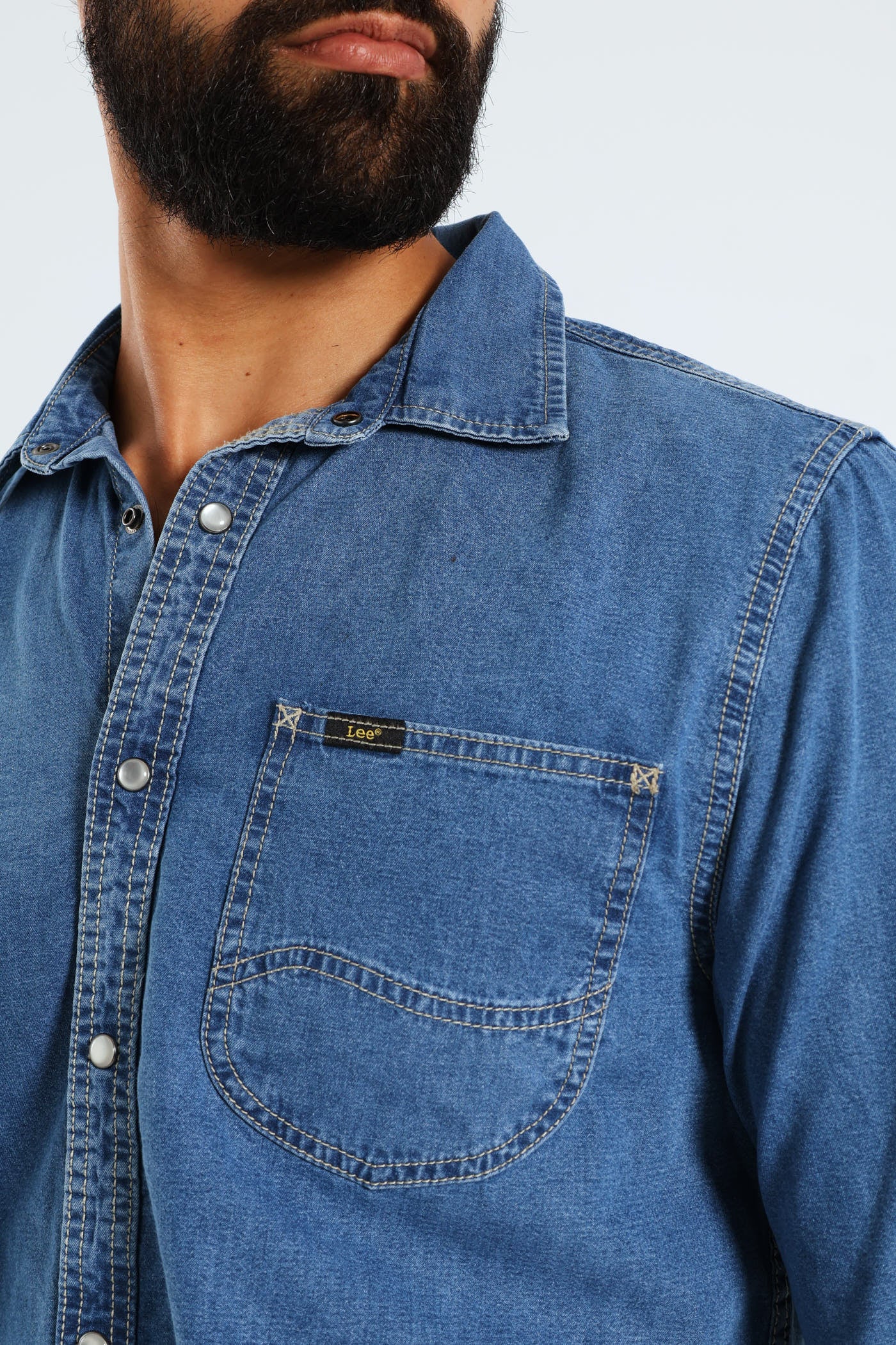 Long Sleeve Lazy Denim Shirt - Medium Wash - Image 2