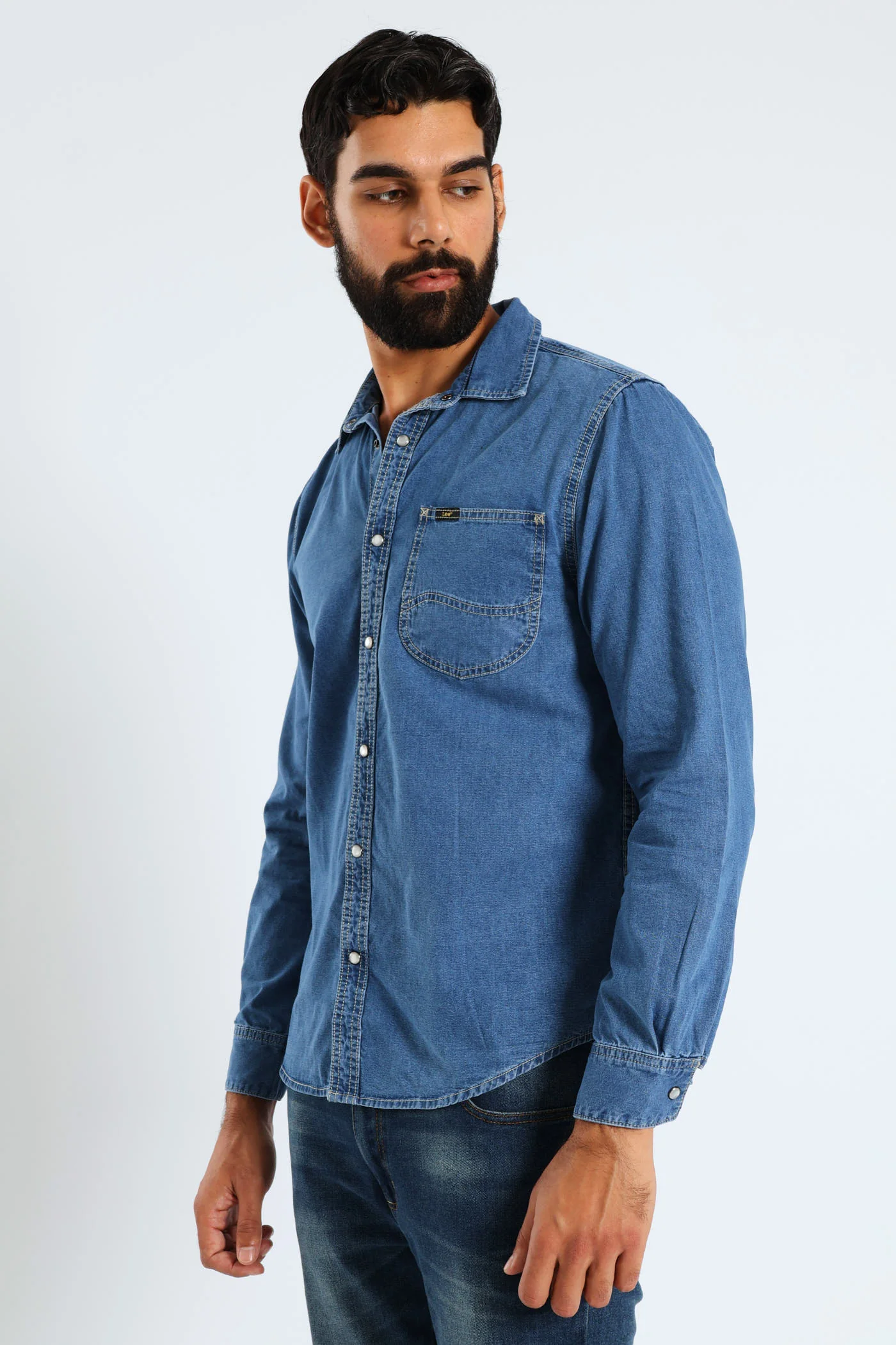 Long Sleeve Lazy Denim Shirt - Medium Wash - Image 3
