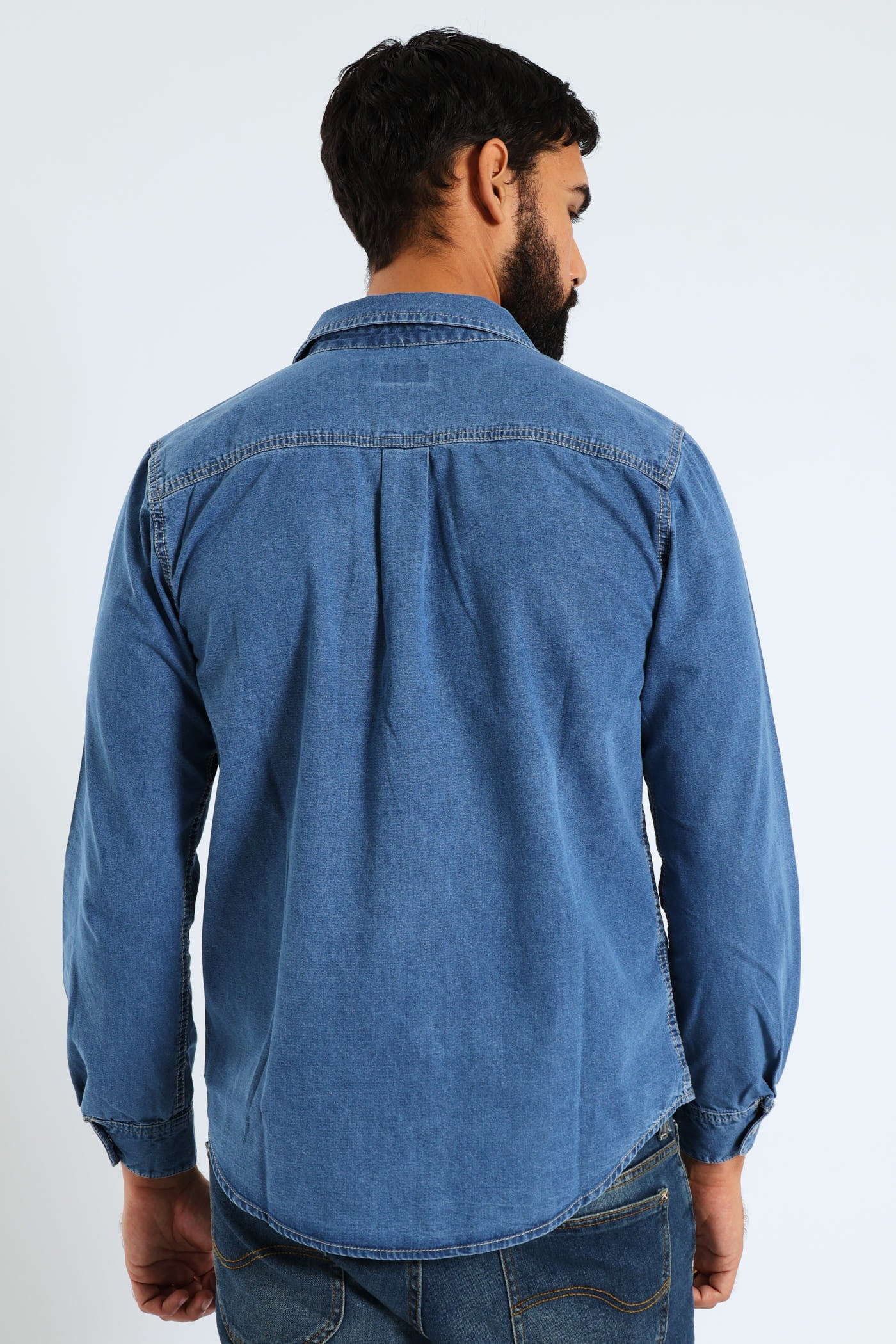 Long Sleeve Lazy Denim Shirt - Medium Wash - Image 4