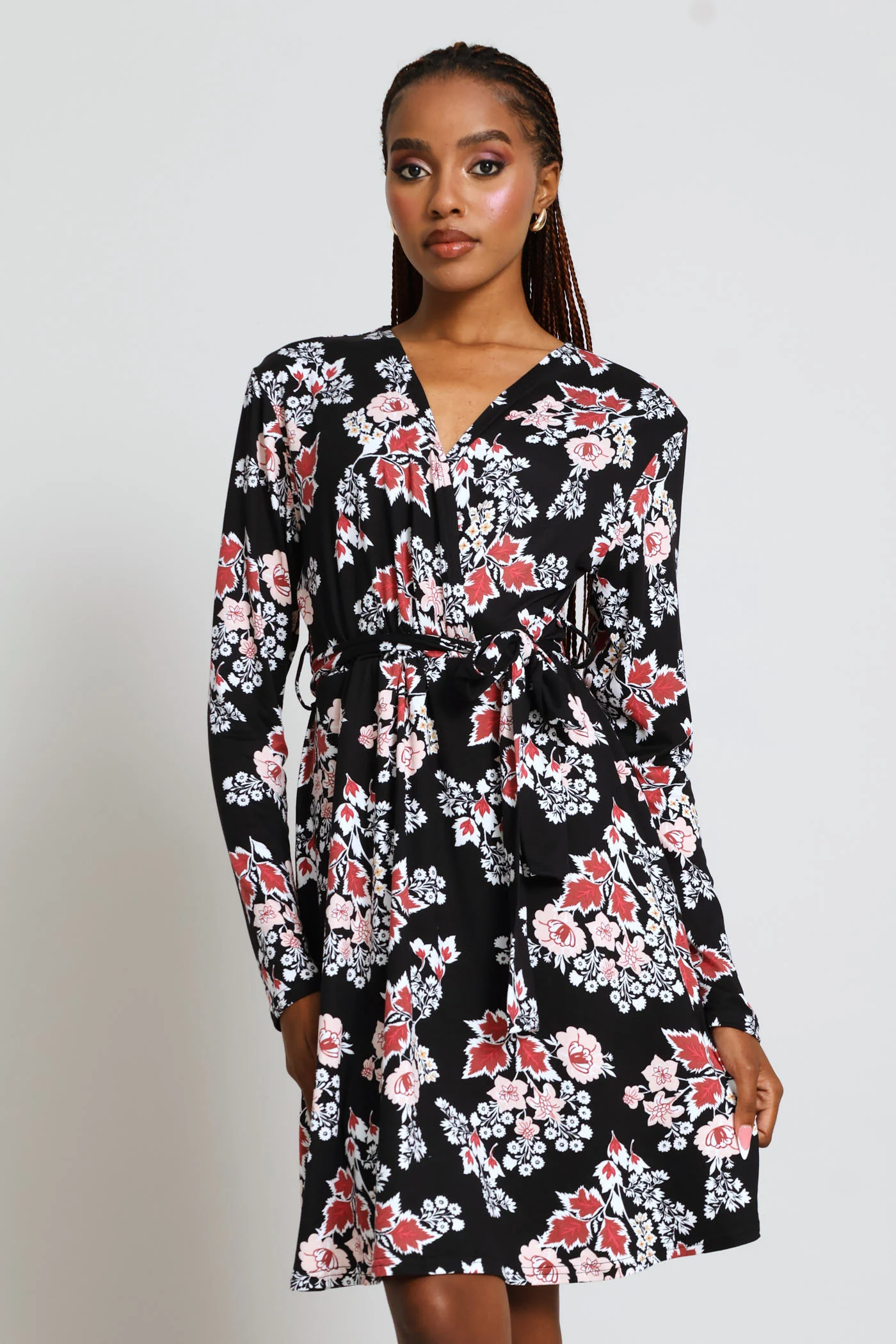 Long Sleeve Mock Wrap Flare Mini Dress - Plum - Image 2