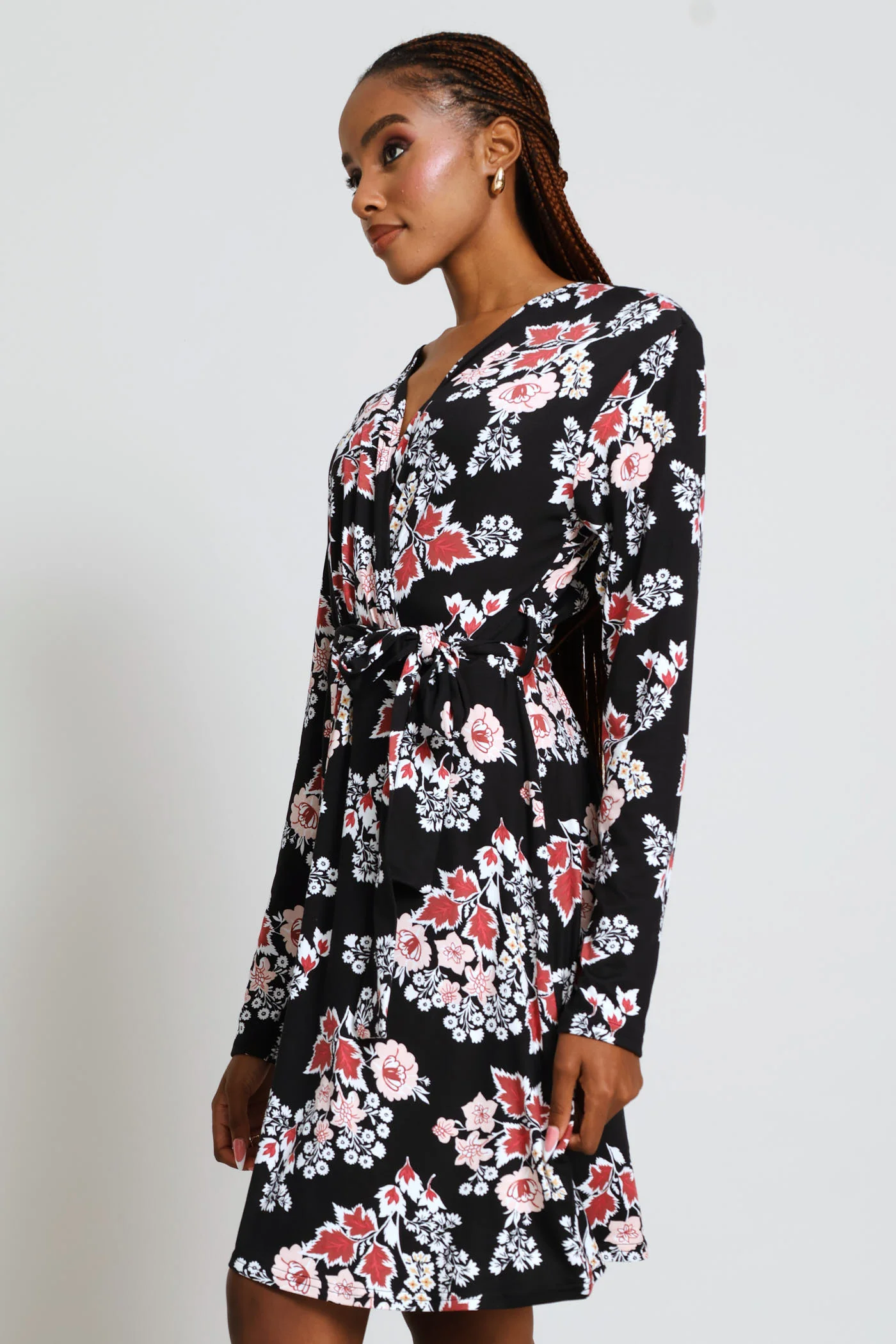 Long Sleeve Mock Wrap Flare Mini Dress - Plum - Image 4