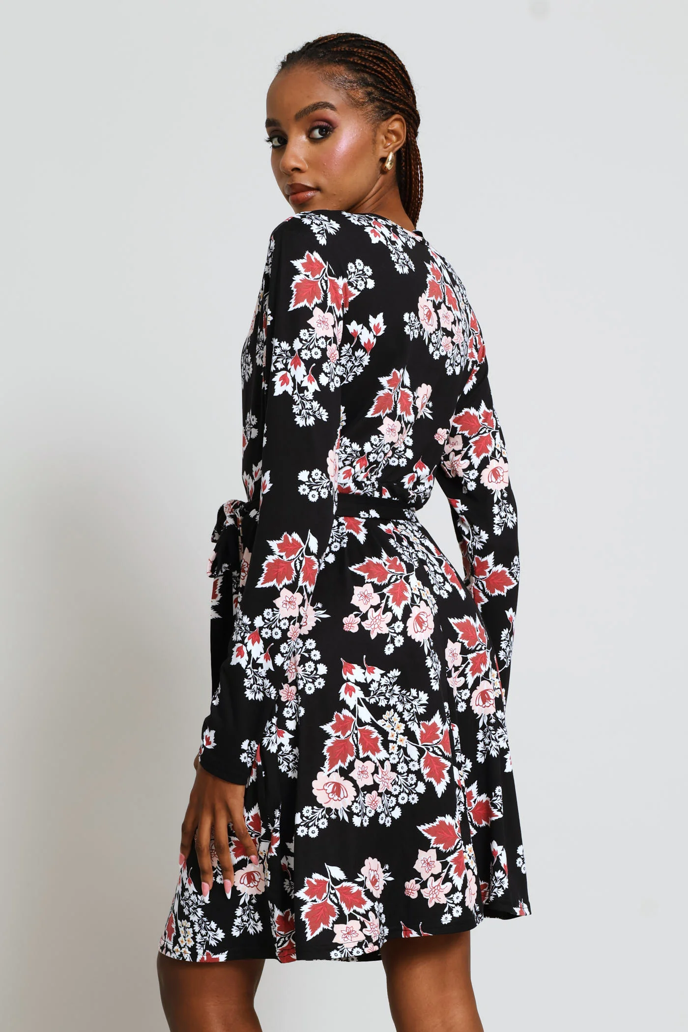 Long Sleeve Mock Wrap Flare Mini Dress - Plum - Image 5